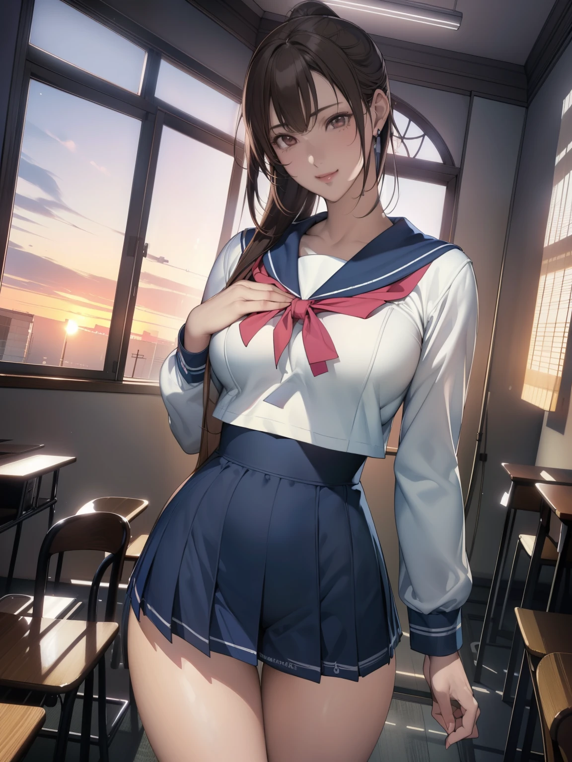 (8k,Realistic, Tabletop, Highest quality, RAW Photos:1.3)、One Girl,ld,alone,high school girl, Long Hair, Brown Hair, Beautiful face in every detail, Attractive face, (Beautiful brown eyes in every detail:1.2), Medium chest,(Underbust:1.0),(Covered nipples:0.99),(Loose Sailor Uniform :1.35), ( Slim beauty with perfect body: 1.4),( Seductive Pose:1.3), (View your viewers, Front view,Eyes focus:1.2), Detailed Background, (sunset:1.2), classroom,Fine details, Intricate details, Ray Tracing, Depth of written boundary, Captivating smile,classroom,EOSR6,((SLR camera)),(((Looking into the camera)))Camera Girl,Woman in her late 20s,Black Hair,ponytail,Sailor suit,Natural Makeup,(((Look through the viewfinder)))(Surreal), (Enlightening), (High resolution), (8k), (Very detailed), (The best Enlighteningns), (Beautiful detailed eyes), (Best Quality), (Super detailed), (masterpiece), (wallpaper), (Detailed face), (Beautiful Smile)、(Beautiful Face)、length、Bang Piercing、alone、(((Cute Japanese beautiful girl)))、 ((Beautiful Japanese girl 1))、 (())、(E Cupビッグ), Stir、Looks like real skin、Hair blowing in the wind、Beautiful autumn background、Falling in love、Cute clothes, The Beginning々right、not clear、miserable、alone_girl_hi-school girl、Japanese High School Uniform,Action pose、In good health、Overflowing、ink art、((Best Quality、8k、masterpiece:1.3))、(Clear Focus:1.2)、(Manga style),(),(Line art_anime)、(Pastel colors:1.2),((Monotony_High contrast art:1.2))、Flat Chest、(Complex background:1.2),(Laura:Add More Details:1.2)、Sharp contours、Sharp line art、Urban Background、