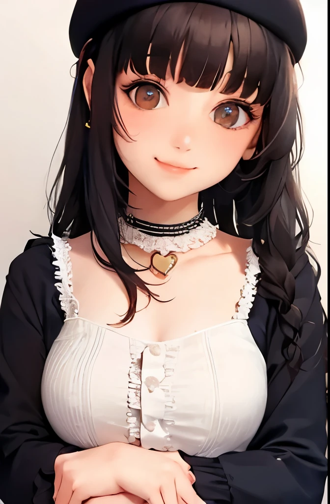 mayuzumi fuyuko, 1girl, solo, black hair, hat, jewelry, long hair, looking at viewer, bangs, earrings, skirt, white background, smile, shirt, simple background, heart earrings, long sleeves, heart, black headwear, black shirt, frilled choker, breasts, brown eyes, choker, blunt bangs, upper body, beret, medium breasts, brown skirt, frills, nail polish, ribbon, red nails, closed mouth, animal print, blush, frilled sleeves, leopard print, neck ribbon, own hands together