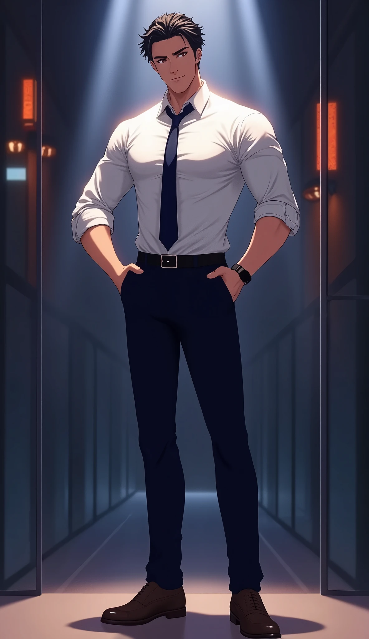 Fraction_9, Fraction_8_Direction_7_Direction_6_up, Anime style, Fraction_9, Fraction_8_Direction_8, Sexy 30-year-old young man, 1 Man, White shirt, tie，belt，trousers，Tall and strong body,  Black socks, leather shoes, ,Handsome, Show a teasing smile,, 显示sweat珠, sweat, Shiny, Greasy , Volumetric Light, Mood Lighting, Glowing lights, Dark Photography, Low Light, Soft lighting