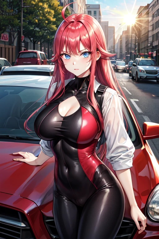 High resolution, masterpiece, 最High image quality, の風景 High resolutionモデル, High image quality, 超High resolution, Big Breasts、Redhead, Long Hair, Ahoge、blue eyes, A look of contempt, Police car in the background、Bright sun、Pink bodysuit、Low-cut neckline