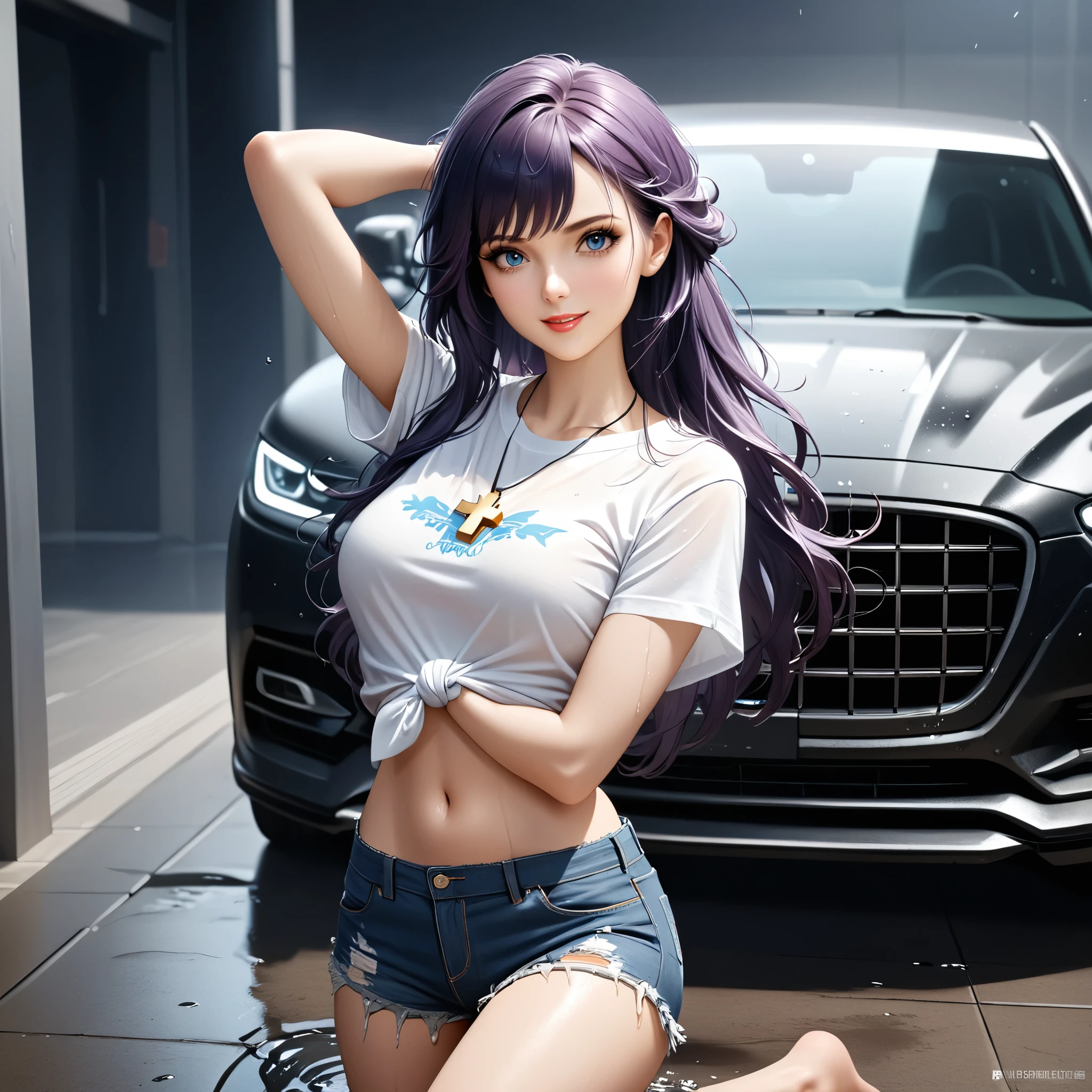 1girl, expressive eyes, perfect face, (bright purple hair, long hair), perfect anatomy, full body, looking at viewer, bright blue eyes, beautiful face, perfect face, perfect hands, perfect legs, super detailed clothing, intricate clothing, shorts, solo, smile, denim, denim_shorts, realistic, shirt, long_hair, brown_hair, looking_at_viewer, short_shorts, wet, t-shirt, cowboy_shot, white_shirt, arm_up, midriff, messy_hair, tied_shirt, sweat, brown_eyes, cutoffs, lips, grin, standing, breasts, navel, teeth , seductive red lips, cross-shaped necklace, necklace over her shirt, she is washing a black classic vehicle, there are car wash accessories on the floor,