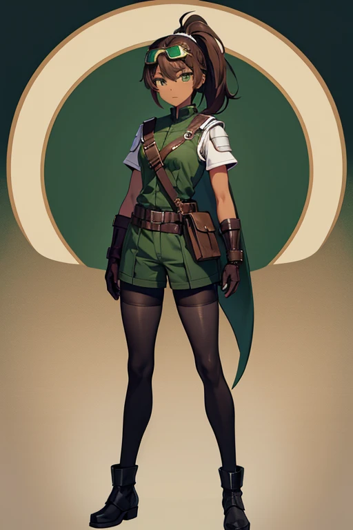 Anime Art、Full body portrait、Characters of the early modern period、Dark-skinned woman、Background blank、A tall female pilot with dark skin, standing upright, about 175 cm tall, about 3, wearing a dark green military uniform and dark green shorts、Wears large goggles on his forehead、She is wearing black tights that cover her lower body.、military boots、Hairstyle: short ponytail、Brown Hair、almond eyed、Dark green eyes、Expressionless、Wearing a belt pouch、Wearing leather gloves、Shoulder Armor、Elbow Armor