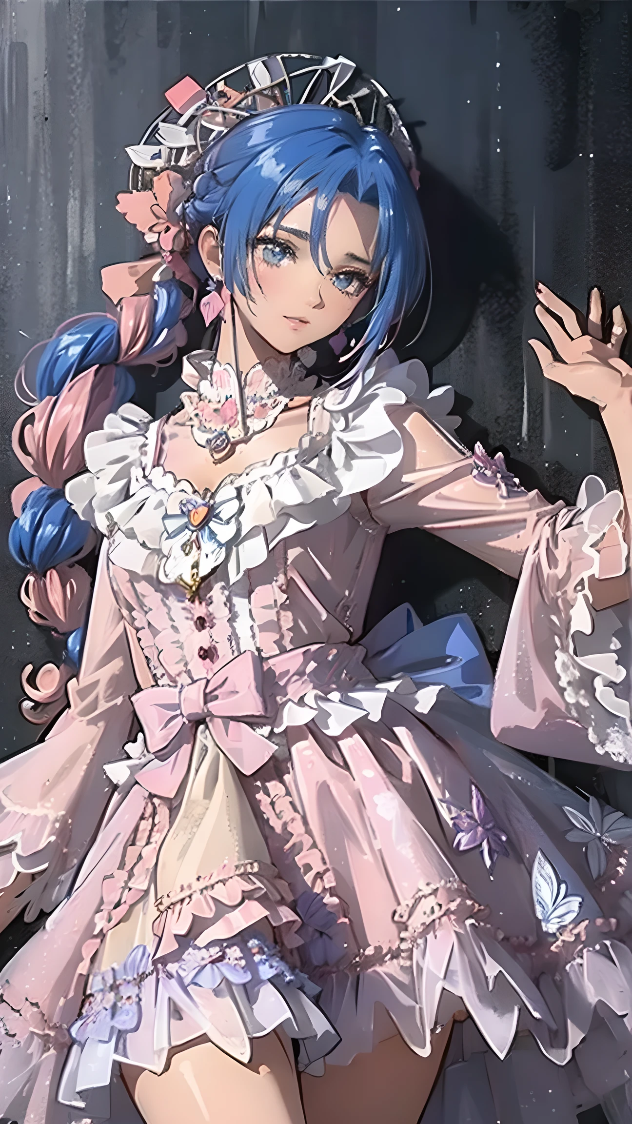 Fraction_9, Fraction_8_up, Fraction_7_Direction_6_up, Anime style, Highly detailed centered masterpiece, Cinematic Lenses, Sauce_AnimeBREAK 1 girl smiling, Head tilt, , From above the flower fields, , Blue Eyes, Two-tone hair, Pink Hair, Blue Hair, Curly hair double ponytail, Flowering, Red flowers, Pink floral sweater, Pink cardigan, White scarf, Long sleeve, Blue Skirt, Plaid Skirt, mini skirt, Loose socks, Pink Footwear, earrings, Pink necklace, Heart shaped necklace wrist embroidery, Manicure, Pink nails,, Beautiful Anime style, Anime pastel tones