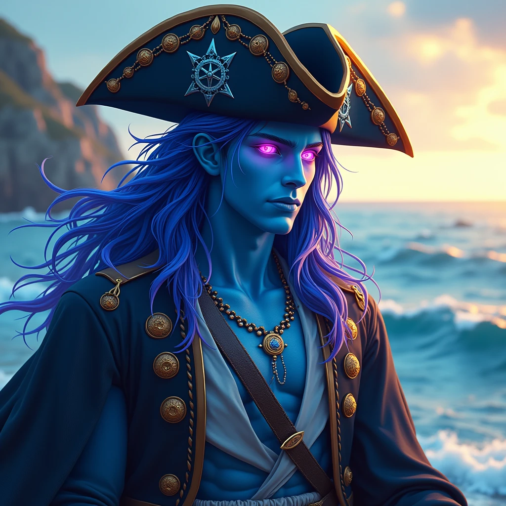 1 pirate,man,Has hands like octopus  tentacles,blue skin,High quality,eye detail,hair details,facial details,body details,skin details,Detail octopus tentacles,Top quality,best quality,