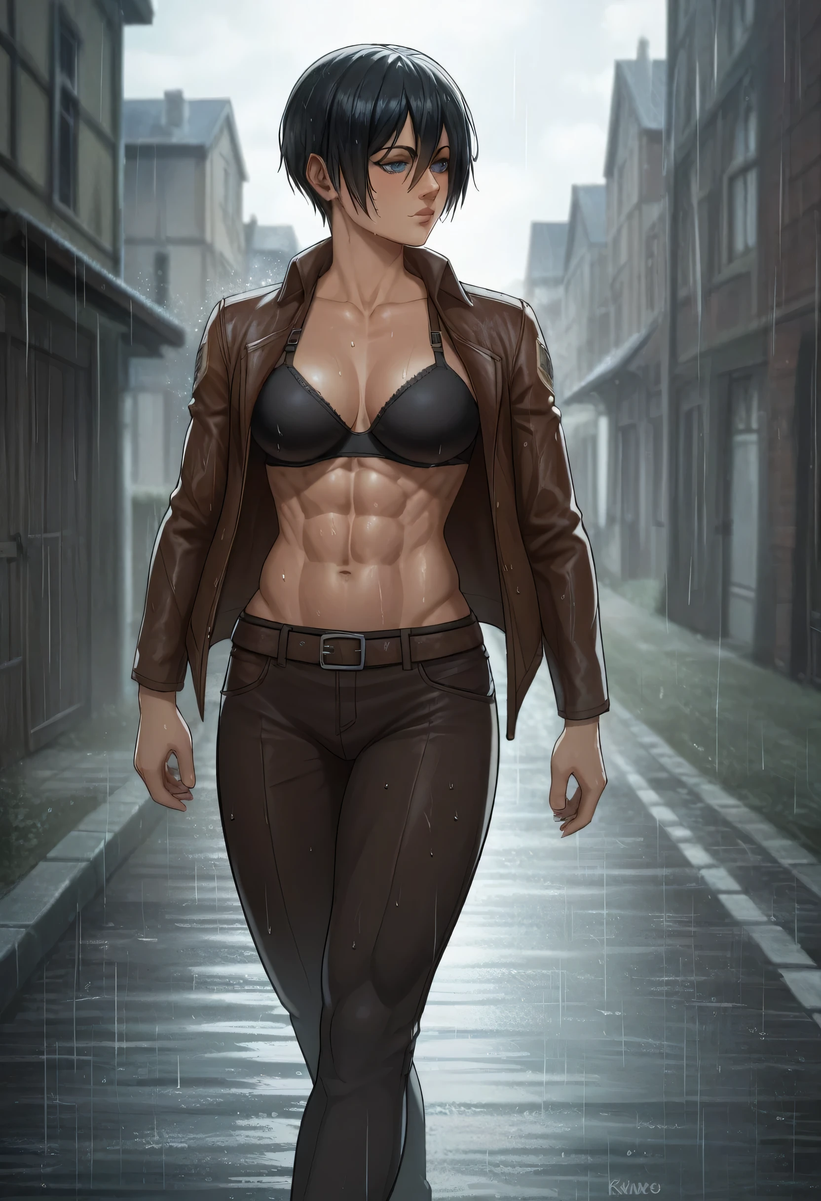 score_9, score_8_up, score_7_up, BREAK source_anime, mikasa ackrman, grey eyes, black hair, short hair, medium breasts,Mikasa wreanig open green jacket with sport black bra and black loose military trousers,mikasa with muscles body,perfect muscles,perfect lighting,mikasa final season design,mikasa mappa version,walking on street,Perfect generation,mikasa boy hairstyle,mikasa season 4 version,attack on titan graphics,in night,with sculpted body and skinny muscles,HD wallpaper,perfect colors,pixie cut hairstyle,fighting face,raining,wet body