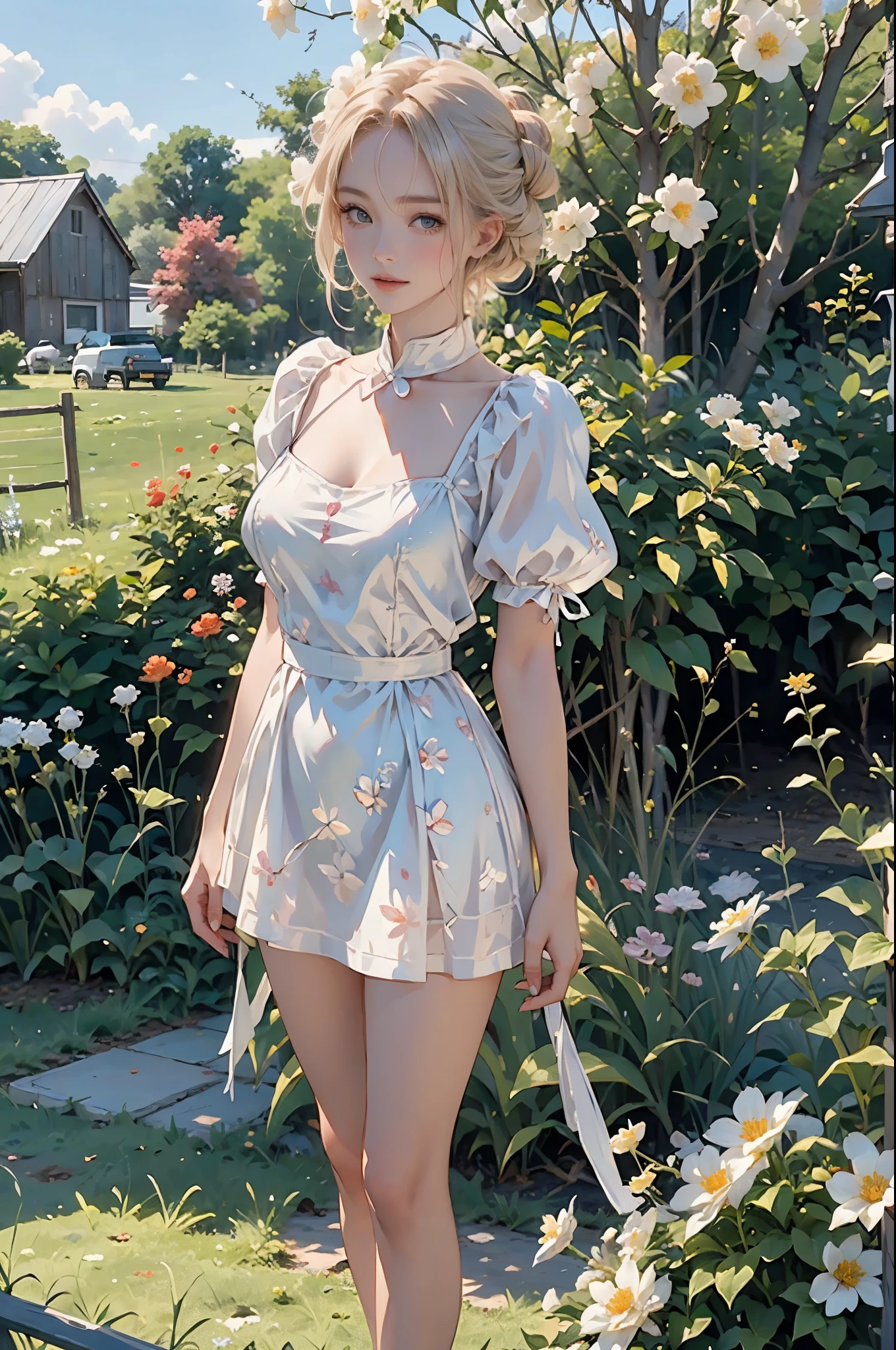 Full length of a white blonde woman with blonde messy bun. she is standing in a field of flowers. it is spring. everything blooms. in the background is a farm. The woman has a beautiful toned and tight body. she has a bright smile the picture is realistisch, detailed. Very high resolution. 8k-Rendering, Die Sonne scheint, Es ist Mittag. Die Szene ist perfekt scharfgestellt und ausgeleuchtet. realistisch, filmisch