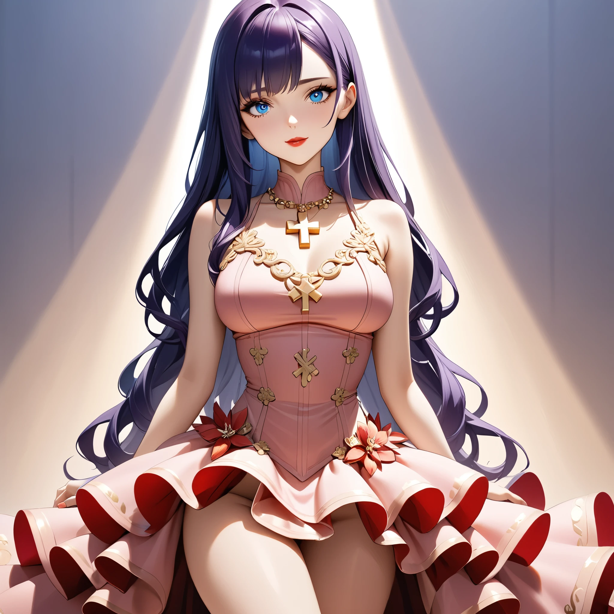 1girl, expressive eyes, perfect face, (bright purple hair, long hair), perfect anatomy, full body, looking at viewer, bright blue eyes, beautiful face, perfect face, seductive red lips, cross-shaped necklace, necklace on top of the dress, perfect hands, perfect legs, super detailed clothing, intricate clothing, peach outfit, she is looking at the viewer, has a pleasant smile and bright blue eyes, is standing,