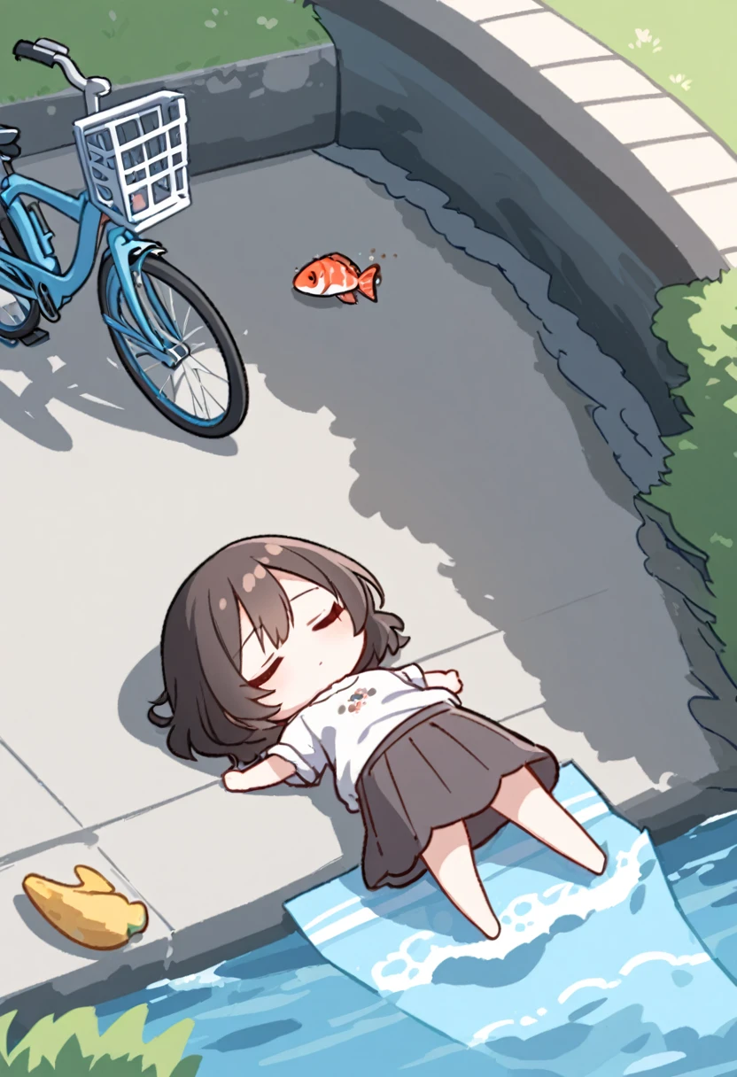 Chibi, 1Girl, Face down, ground shot,full body, Casual wear, Lying down, Asleep, back of head, relax,Do you look dead ,Rear View,break,Pedestrian path along the river, ((bicycle fell beside her)), (A banana next to her、Skin only), Fish jumping out of the river