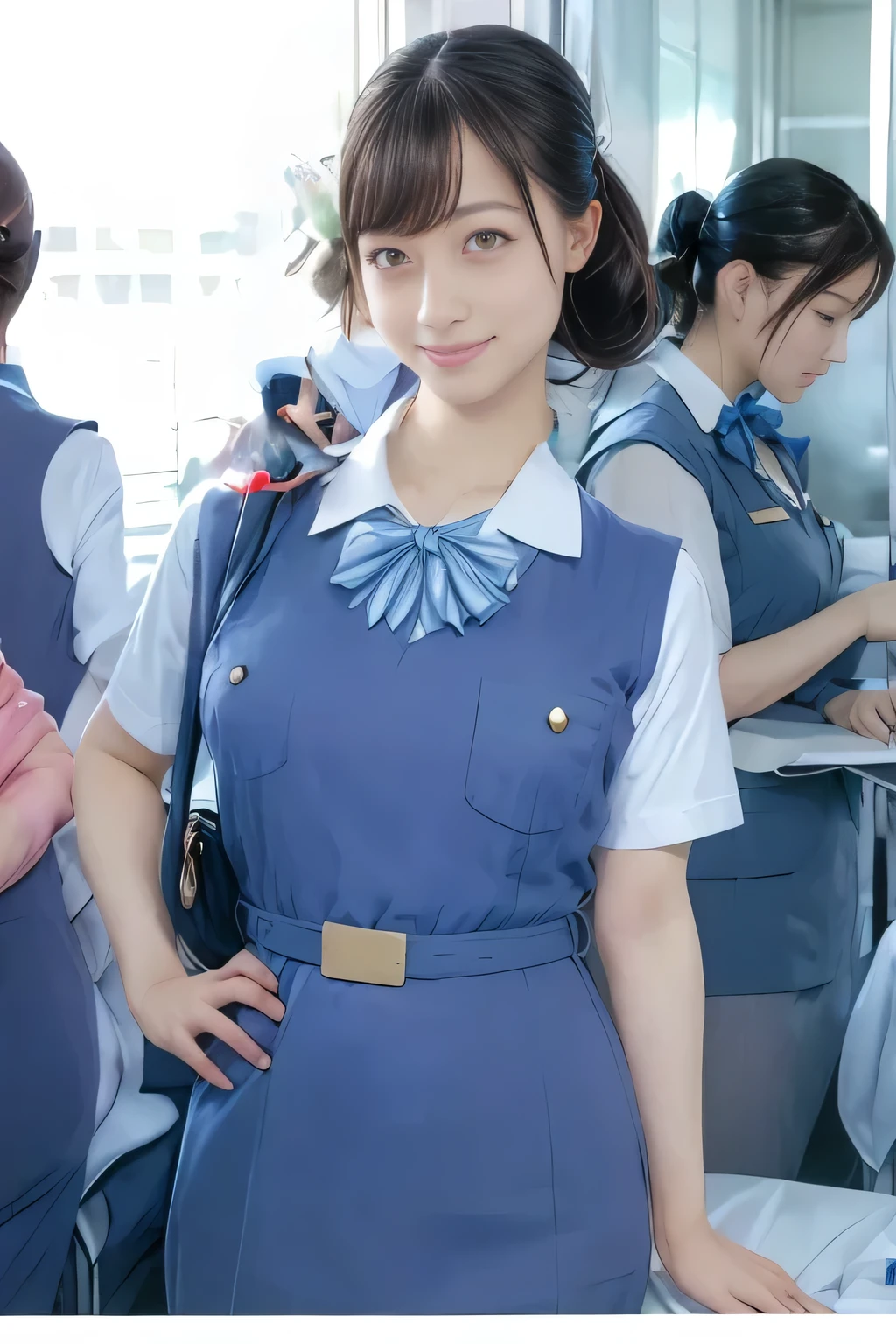 (masterpiece:1.2, Best Quality:1.2), 32K HDR, High resolution, (Alone、1 girl)、(On the roof of a building during the day、Professional Lighting)、Building rooftop background、(Real style wearing Japan air system cabincrew uniform blue)、((Japan Air System cabincrew uniform blue jumper skirt with buttons on both breast pockets、White short sleeve blouse 、 Light blue vest around waist、Scarf around the neck))、Dark brown hair、(Long Hair、Hair tied up、Hair tied up)、Dark brown hair、Long Shot、Big Breasts、Thin legs、((Great hands:2.0)),((Harmonious body proportions:1.5)),((Normal limbs:2.0)),((Normal finger:2.0)),((Delicate eyes:2.0)),((Normal eyes:2.0)))、smile、(Japan air system cabincrew uniform blueを見せた美しい立ち姿)、Hands clasped underneath