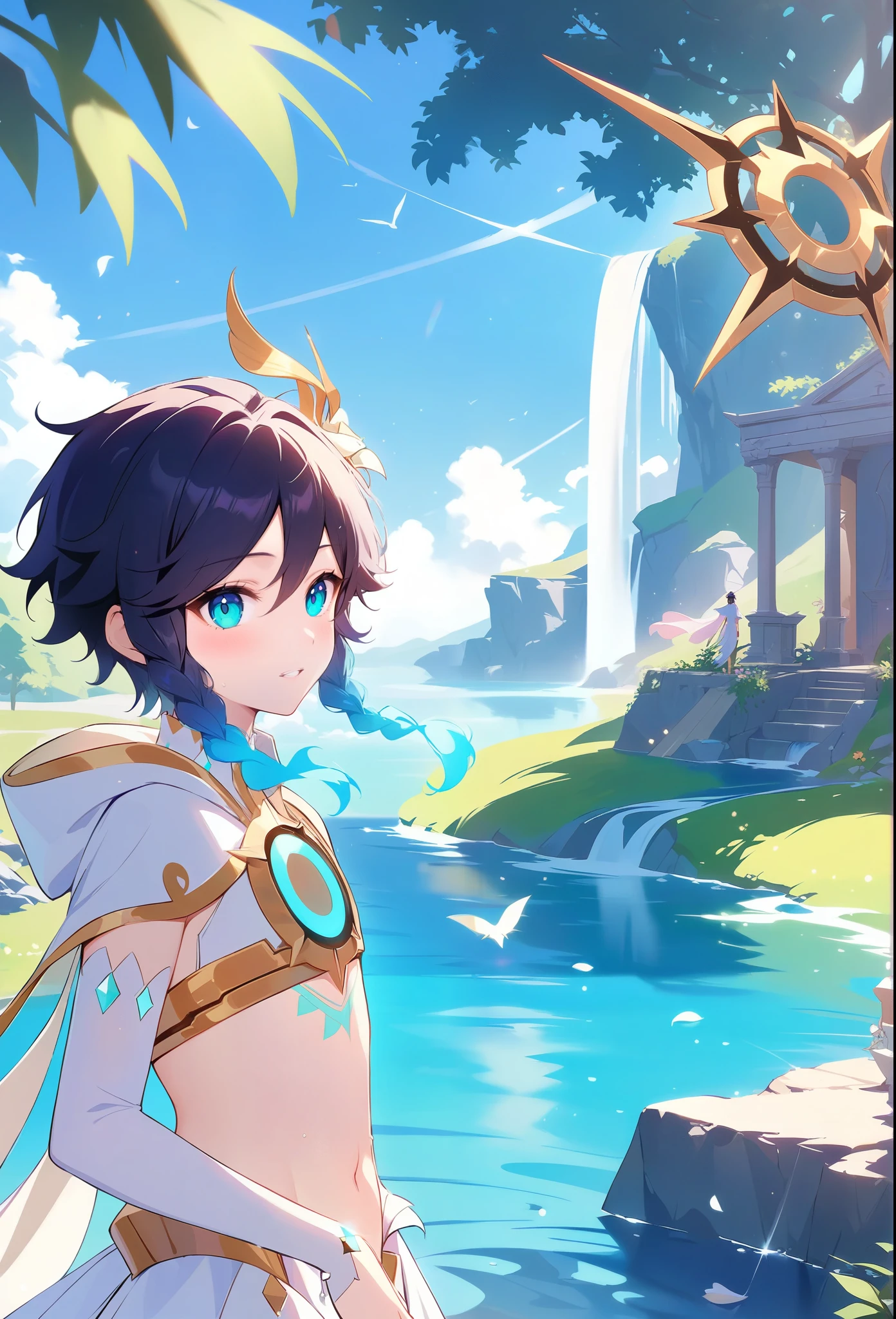 (masterpiece,best quality,4k,8k,absurdres:1.2),1boy,flat chest,venti_(archon)_(genshin_impact),bare stomach,graceful,black hair,ancient ruins,manga,natural lighting,full background,beautiful,perfect,building,scenery,garden,surreal,isolated,water,ocean,floating particles,vivid,fantasy:1.1,shimmer,shallow depth of field,perfect lighting,bloom,day,outdoors:1.3,atmospheric,blue sky,above the clouds,windy,flying petals,tree,waterfall,water,stream,dappled sunlight,halation:0.8,paradise,highres