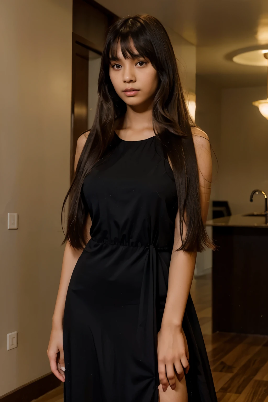 night shot of a beautiful latino woman, wearing black party dress, smiling and posing in party, long straight black hairs, flirty look, straight hairs, perfect curvy body, brown eyes, brown hairs, realistic skin texture, realistic photography