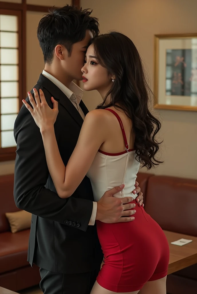 (A handsome young man and a beautiful young woman at the dinner table)(Both men and women are unclothed)(woman not wearing underwear.Lying on the table facing the dining table. The man's skirt reaches to his waist.) (Man hugs woman's waist from behind.Make love to her from behind.)