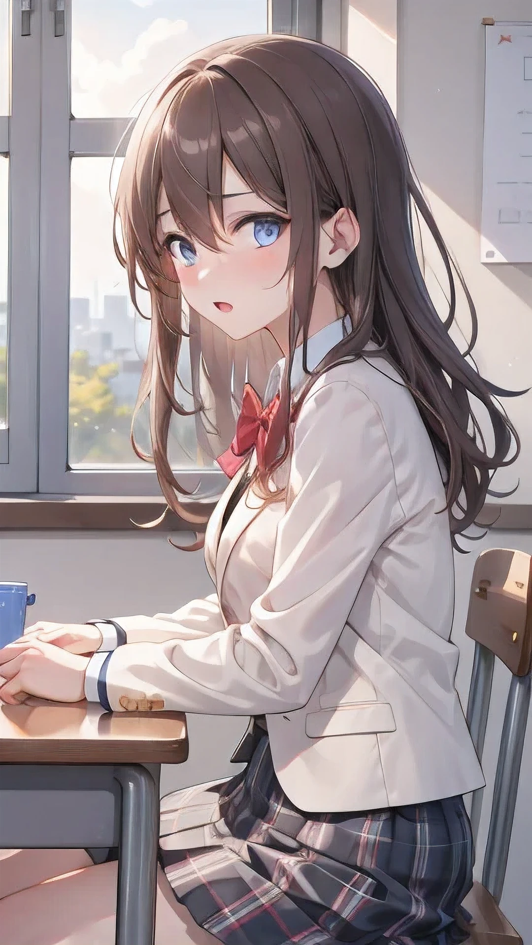 1girl, romantic academia, (masterpiece, best quality, ultra-detailed:1.2), short, slender body, pale skin,
big eyes, droopy eyes, (cobalt blue eyes:1.1), serious look, embarrassed, BREAK,
20yo, long sleeves, (school uniform), (blown blazer:1.1), navy skirt in plaid skirt,
light brown hair, shoulder length hair, hairs between eyes, BREAK,
in the morning, in the classroom, with a desk, with a chair, sitting on chair,
upper body, looking at viewer, left side view, intense closeup shot,