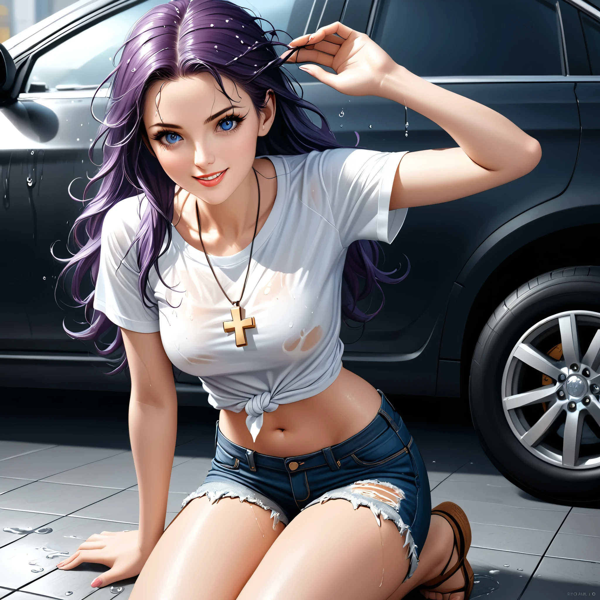 1girl, expressive eyes, perfect face, (bright purple hair, long hair), perfect anatomy, full body, looking at viewer, bright blue eyes, beautiful face, perfect face, perfect hands, perfect legs, super detailed clothing, intricate clothing, shorts, solo, smile, denim, denim_shorts, realistic, shirt, long_hair, brown_hair, looking_at_viewer, short_shorts, wet, t-shirt, cowboy_shot, white_shirt, arm_up, midriff, messy_hair, tied_shirt, sweat, brown_eyes, cutoffs, lips, grin, standing, breasts, navel, teeth , seductive red lips, cross-shaped necklace, necklace over her shirt, she is washing a black classic vehicle, there are car wash accessories on the floor, her shirt is a little damp, she has foam on her hair and body ,