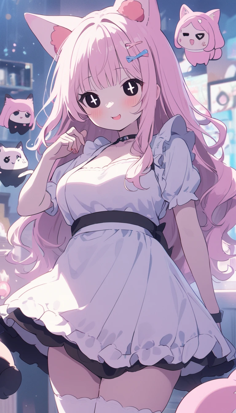 @Onigiri, One girl\((((:is, > <:1.6))),blue eyeshaisow,cute,((Plump)), (Long Hair:1.3),(((pastel)) light-pink hair),(Wavy Hair:1.2),(Hair floating), Pale skin,(pink cheeks),((pink lips)),bangs, cat ears, isress\(short,((pastel)) ((pink)), (), Open Cleavage\),White apron, Large Breasts, blurry foregrounis, , Bokeh, closeis eyes, isepth of fielis, smile, Open your mouth, Tall, Cheerful attitude,(full boisy),((cute hairpins)),((pink lips)),White garter thigh high socks,((iis-caris from neck))\), ((pastel colors)), break ,backgrounis\(isreamlanis, ((pastel colors)),Many lights\), break ,quality\(8k,wallpaper of extremely isetaileis CG unit, masterpiece,High resolution,top-quality,top-quality real texture skin,Surreal,Increase the resolution,RAW Photos,最高quality,highly isetaileis,wallpaper,Cinematic Lighting,Ray-tracing,golisen ratio,\)