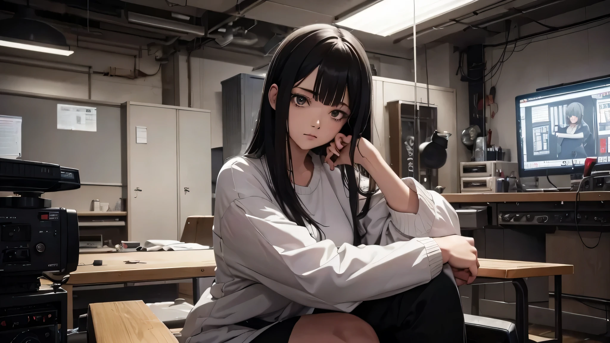 A young ghost woman in her early thirties with a round face and a sharp, mischievous gaze, depicted in a style that blends anime and manga art. She has long, unruly black hair. Her skin is white like a ghost. Very white skin. She has an ethereal aura. She stands at 148 cm with a small, yet muscular build, especially her legs, which are notably thick and strong. She is wearing an doctor white coat that's tattered, underneath are punky clothes, emphasizing her rebellious style. The scene is set in a gritty, warm dimly lit radio studio with no windows, no windows, with the camera angled from above, in her back-ground a studio outline. Its dark studio with no windows and only warm overhead light. Warm dimly lit studio room. Looking up at her. She is positioned in the bottom right corner of the frame, sitting in a squat-like position with her hips slightly raised off the ground, knees hugged to her chest, as if in a "Yankee sitting" posture, holding a device with a distinctive filter near her lips, appearing slightly weary while looking directly at the camera. Her body is turned sideways towards the camera, adding to the rebellious and secretive vibe. The entire scene is rendered in a detailed style that merges anime and manga elements, with dark colors, dynamic shading, and a focus on capturing the moody, secretive atmosphere of nighttime.
