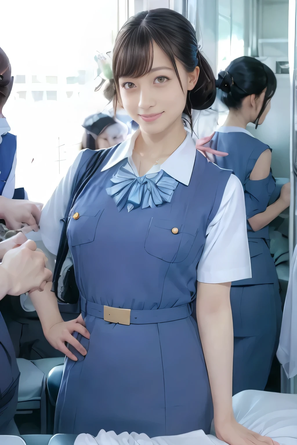 (masterpiece:1.2, Best Quality:1.2), 32K HDR, High resolution, (Alone、1 girl)、（On the roof of a building during the day、Professional Lighting）、Building rooftop background、（Real style wearing Japan air system cabincrew uniform blue）、（（Japan Air System cabincrew uniform blue jumper skirt with buttons on both breast pockets、White short sleeve blouse 、 Light blue vest around waist、Scarf around the neck））、Dark brown hair、（Long Hair、Hair tied up、Hair tied up）、Dark brown hair、Long Shot、Big Breasts、Thin legs、（（Great hands：2.0）），（（Harmonious body proportions：1.5）），（（Normal limbs：2.0）），（（Normal finger：2.0）），（（Delicate eyes：2.0）），（（Normal eyes：2.0））)、smile、（Japan air system cabincrew uniform blueを見せた美しい立ち姿）、Hands clasped underneath
