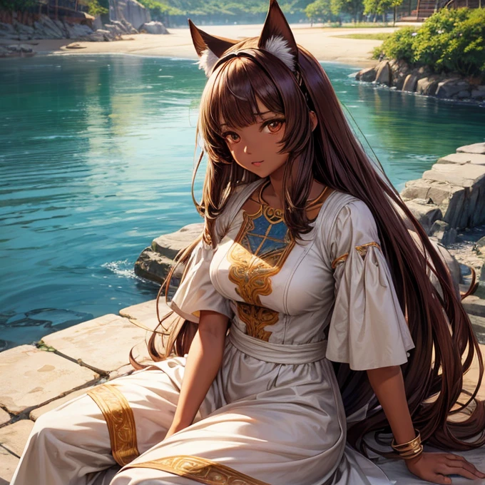 Teen girl with the ears and tail from a lion have dark red hair and yellow eyes, Fur clothes, Yellow Eyes, High detailed Face, High detailed Eyes, Perfect Face, Detailed Hand, Detailed tail,sitting by a lake,