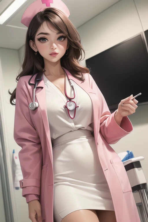 (masterpiece, best quality:1.4), (beautiful, aesthetic, perfect, delicate, intricate:1.2), (cute, adorable), (depth of field:1.2), dim lighting, sci-fi, vivid colors, colorful, sexy looking, perfect female form, (perfect face, glossy pink lips, expressive eyes, eyeliner, eyeshadow, blush), long brown wavy hair, (huge natural breasts, narrow waists), (beautiful nurse), (pink coat:1.2), (tight nurse uniform), (white pencil skirt), cleavage, (inside a hospital), stethoscope, (standing, cowboy shot),