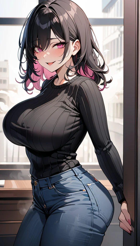 4K, masterpiece, Best Quality, (detailed face and eyes_1.4), detailed skin, Cowboy Shot, detailed, One girl, 2, Mature Body, Big Breasts, Alone, Black Hair, Pink eyes, Mole under left eye, Hair covering right eye, A small smile, steam coming out of mouth, Open lips, black sweater, jeans, Villain&#39;s Smile, Red choker, A seductive smile, Seductive eyes, Obsidian Gemstone Earrings、((steam,sweat)), On the bed in the love hotel、Pushing a man down、As if straddling the top、Lying down