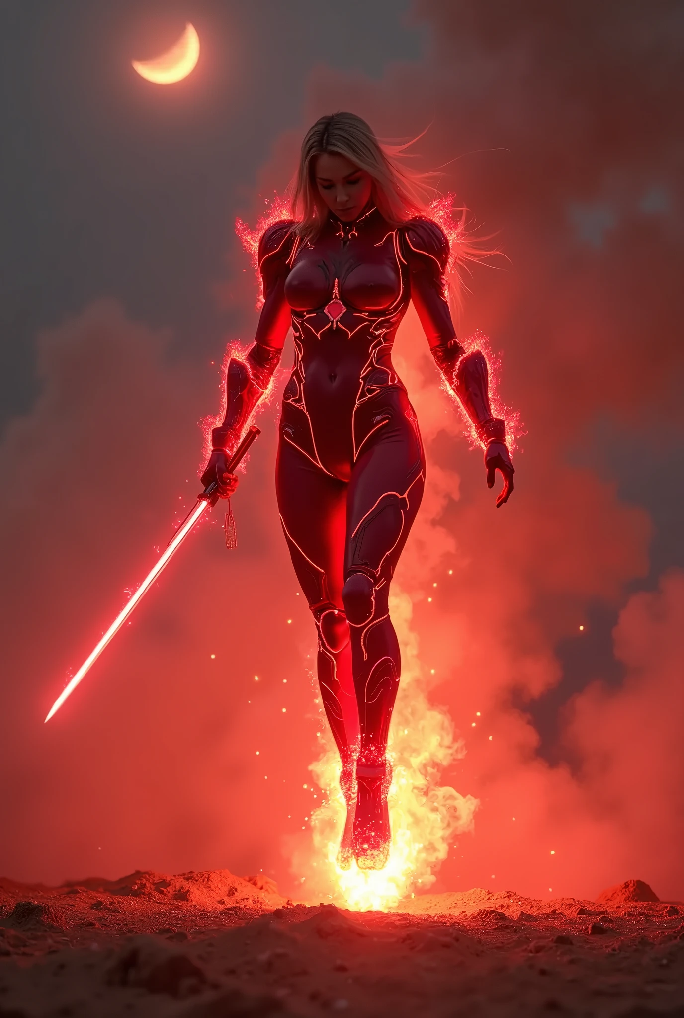 A transforming heroine appears in a hero action scene amidst an explosion of flames., The body is surrounded by a glowing red energy., Wearing a tight-fitting crimson red combat suit, Patchwork combat suit, Neon-colored line lights that accentuate your figure, A transforming heroine appears from the flames in a jumping pose, standing on one leg, Wields a slim rapier, Reinforced parts are attached to the shoulders, chest, waist and shins., Decorative and mechanical reinforcement parts, Flying dust, Dust cloud, The barren land of the dark night, Thin crescent moon,Dramatic lighting, Cinematic composition, Super detailed, 8k, Photorealistic, Greg Rutkowski 作, ArtStation.