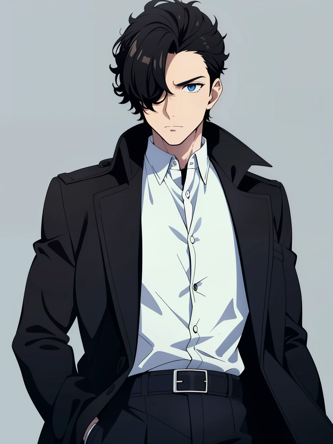 (high-quality, breathtaking),(expressive eyes, perfect face) portrait, 1boy, male, solo, adult man, Symmetrical Eyes, age late 30's, black brown hair, light blue eyes, medium hair length, spiky curly hair, stylized hairstyle, looking at viewer, portrait, neutral expression, black trench coat, white shirt, black vest, belt, black pants, grey background, coat on shoulders, jacket on shoulders, slender build, hair over one eye
