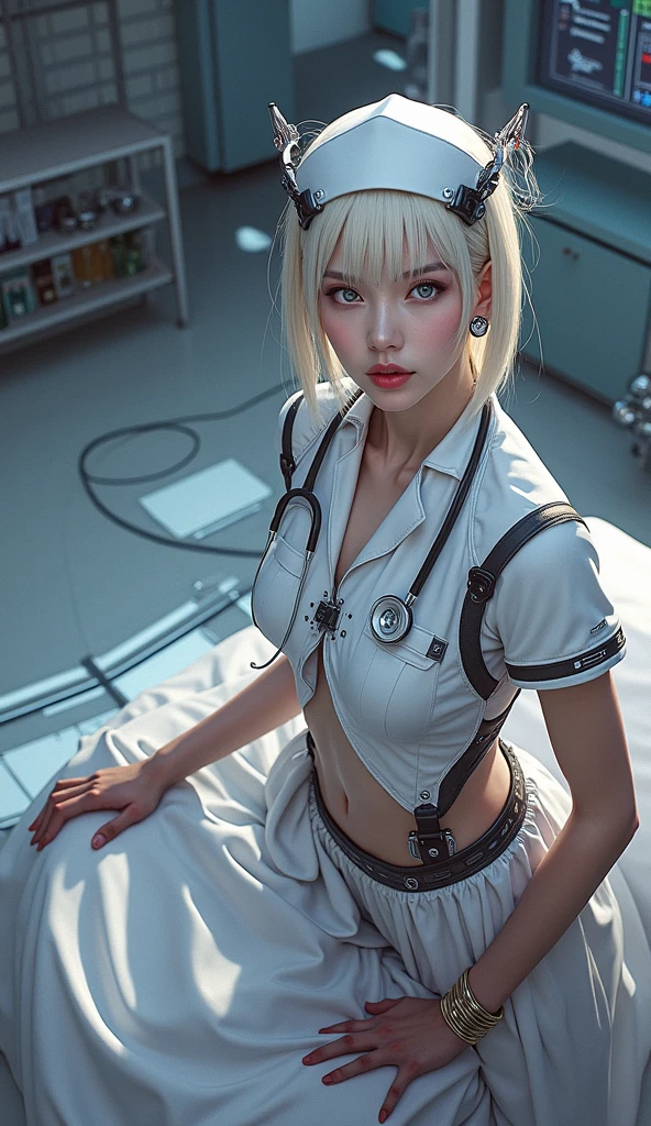 (Detailed illustrations,Very detailed and detailed drawing,Delicate lines with slow and rapid,Realistic texture expression),[Color tressed main line],Inorganic concrete room[Night Hospital],(Japan adult female[28 year old](Zombie Nurse))Hair put together [SKINNY((Small breasts))][pale skin](sickly look),([bandaged]Bondage Fashion),[[Return blood]],(Fine and beautiful skin expression [Transparency]),[Perfect eye details (Iris beautifully drawn in every detail)[Jewel-like eyes]],[long and beautiful eyelashes],[Meticulously drawn hair],(Perfect hand details [Beautiful fingers without breakdowns [Beautiful nails]]),(Perfect ???????(Perfectly proportioned))[[Full body like]],[Ideal color coordination(Accurate simulation of light-material interactions)],([Precision Detail](detaileds,high-detail)),[[Pale and gentle colors]][Visual art that conveys a sense of narrative] [[Eros in the Natural Body]].