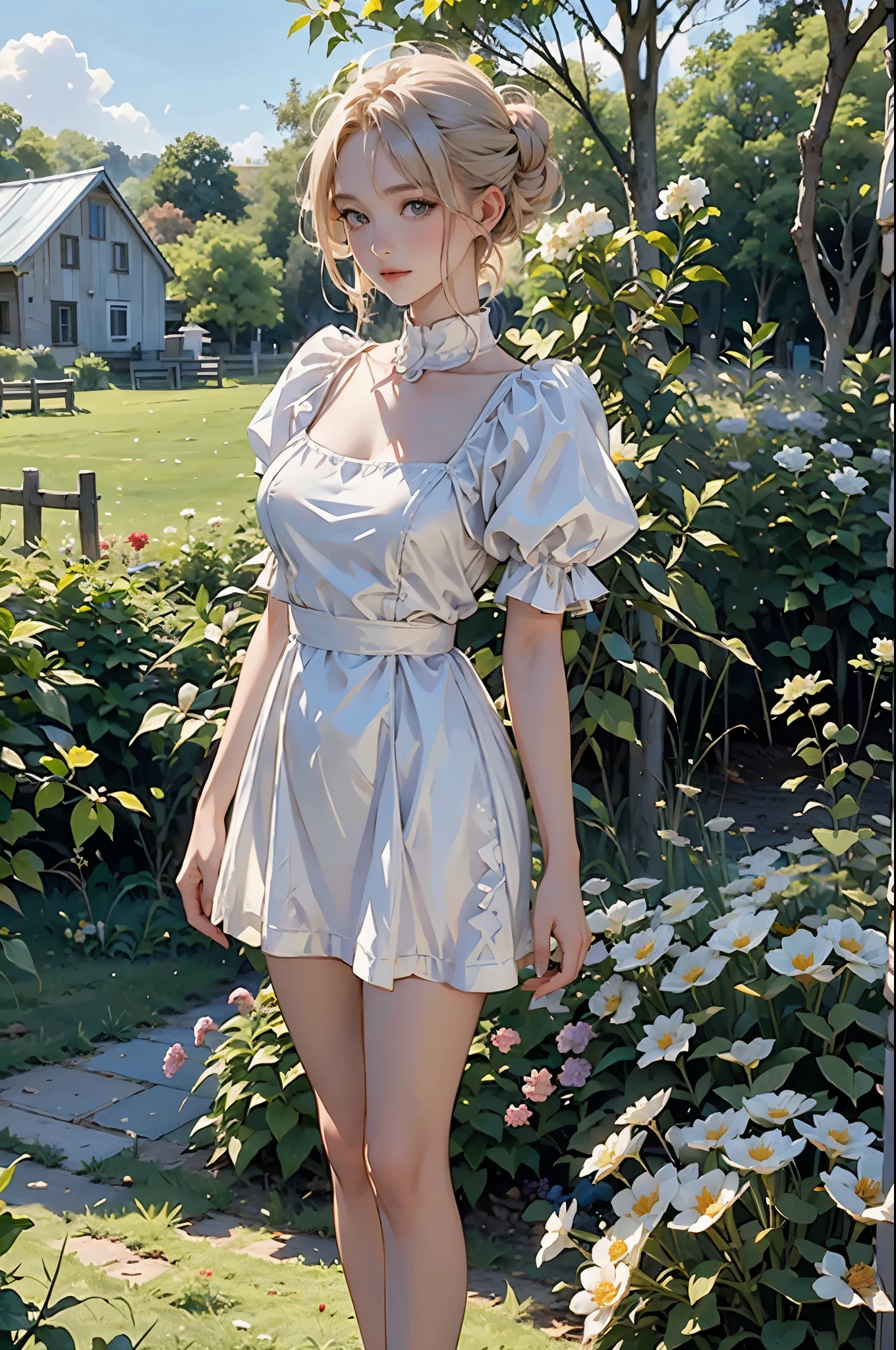 Full length of a white blonde woman with blonde messy bun. she is standing in a field of flowers. it is spring. everything blooms. in the background is a farm. The woman has a beautiful toned and tight body. she has a bright smile the picture is realistisch, detailed. Very high resolution. 8k-Rendering, Die Sonne scheint, Es ist Mittag. Die Szene ist perfekt scharfgestellt und ausgeleuchtet. realistisch, filmisch