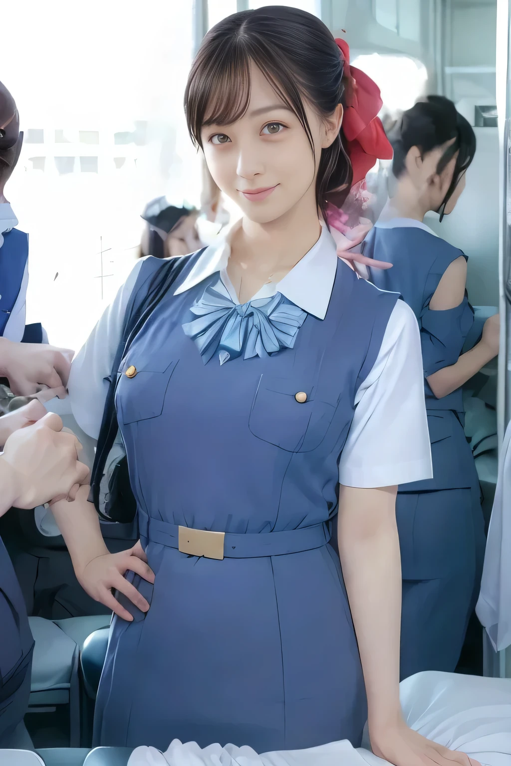 (masterpiece:1.2, Best Quality:1.2), 32K HDR, High resolution, (Alone、1 girl)、（On the roof of a building during the day、Professional Lighting）、Building rooftop background、（Real style wearing Japan air system cabincrew uniform blue）、（（Japan Air System cabincrew uniform blue jumper skirt with buttons on both breast pockets、White short sleeve blouse 、 Light blue vest around waist、Scarf around the neck））、Dark brown hair、（Long Hair、Hair tied up、Hair tied up）、Dark brown hair、Long Shot、Big Breasts、Thin legs、（（Great hands：2.0）），（（Harmonious body proportions：1.5）），（（Normal limbs：2.0）），（（Normal finger：2.0）），（（Delicate eyes：2.0）），（（Normal eyes：2.0））)、smile、（Japan air system cabincrew uniform blueを見せた美しい立ち姿）、Hands clasped underneath
