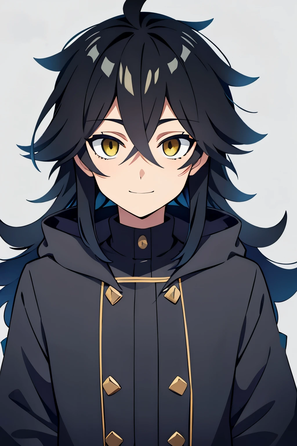 (high-quality, breathtaking),(expressive eyes, perfect face) portrait, halfbody shot, 1boy, male, solo, kid , Symmetrical Eyes, age 8, yellow color eyes, long hair length, spiky flowy hair, soft smile, side bangs, looking at viewer, happy expression, black hair color, modern clothing, grey background, Idia Shroud character, black fluffy jacket, blue trim,
