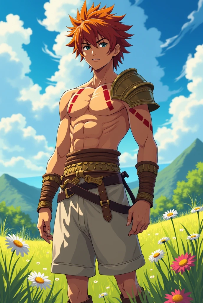 muscle, male, (lion head:1.0), furry, kemono, dressed as a prince standing on a cliff with flowers behind him, cloulds in the sky, photo, realism, cgi, (fighting pose:1.2), tekken, eye glow, broad waist, nipple, red hair, (baki:1.2), teeth, (steam:1.0), high detail, castle, (Clutter-Home:0.8), (masterpiece:1.2) (photorealistic:1.2) (bokeh) (best quality) (detailed skin:1.3) (8k) (detailed eyes) (sharp focus)