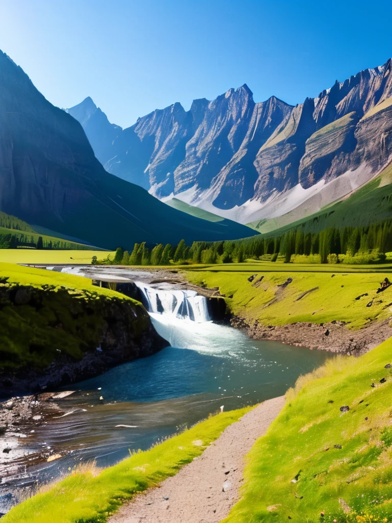 Waterfall-like water flows in the mountains  