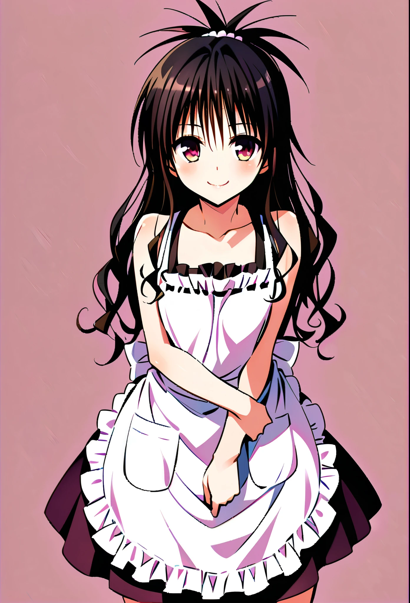 High resolution, masterpiece, accurate, Best Quality, Very detailed,1girl, apron, Yuuki Mikan, black hair, skirt, long hair, smile, spiked hair, bare shoulders,simple background