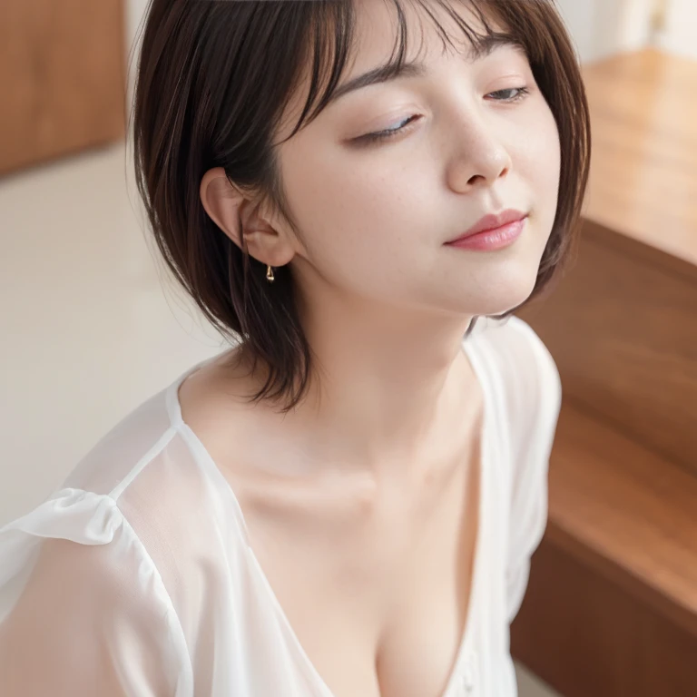 (big breasts:1.2)、(RAW Photos), (Realistic), (masterpiece), (highest quality), High resolution, 8K resolution, (Intricate details), (Volumetric Light), Portraiture, woman,, short hair, Straight hair, Layered Hair, Brown haired, Source order, Very thin eyebrows, Highly detailed skin, Highly detailed mouth, Highly detailed nose, Cute like an idol, smile, ((Thick lips)), ((Look at the viewers)), (Elegant blouse)、Cleavage、Cleavage、The color of the clothes is up to you、The color of her underwear is see-through colorful、(nsfw:1.2)、(Looking up:1.3)、(Begging pose:1.3)、(Close your eyes:1.5)、(Sperm is poured on the face:1.5)、