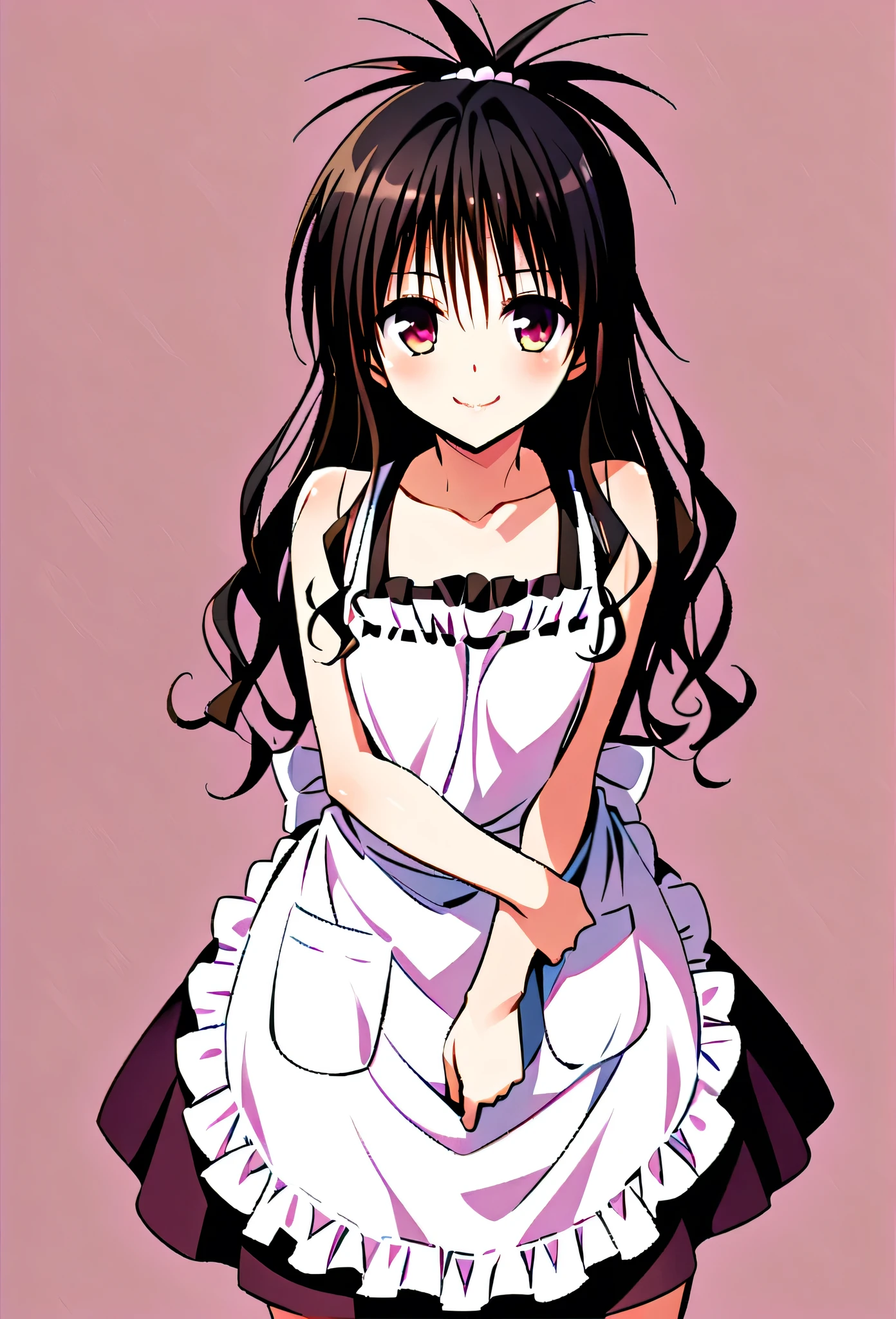 High resolution, masterpiece, accurate, Best Quality, Very detailed,1girl, apron, Yuuki Mikan, black hair, skirt, long hair, smile, spiked hair, bare shoulders,simple background