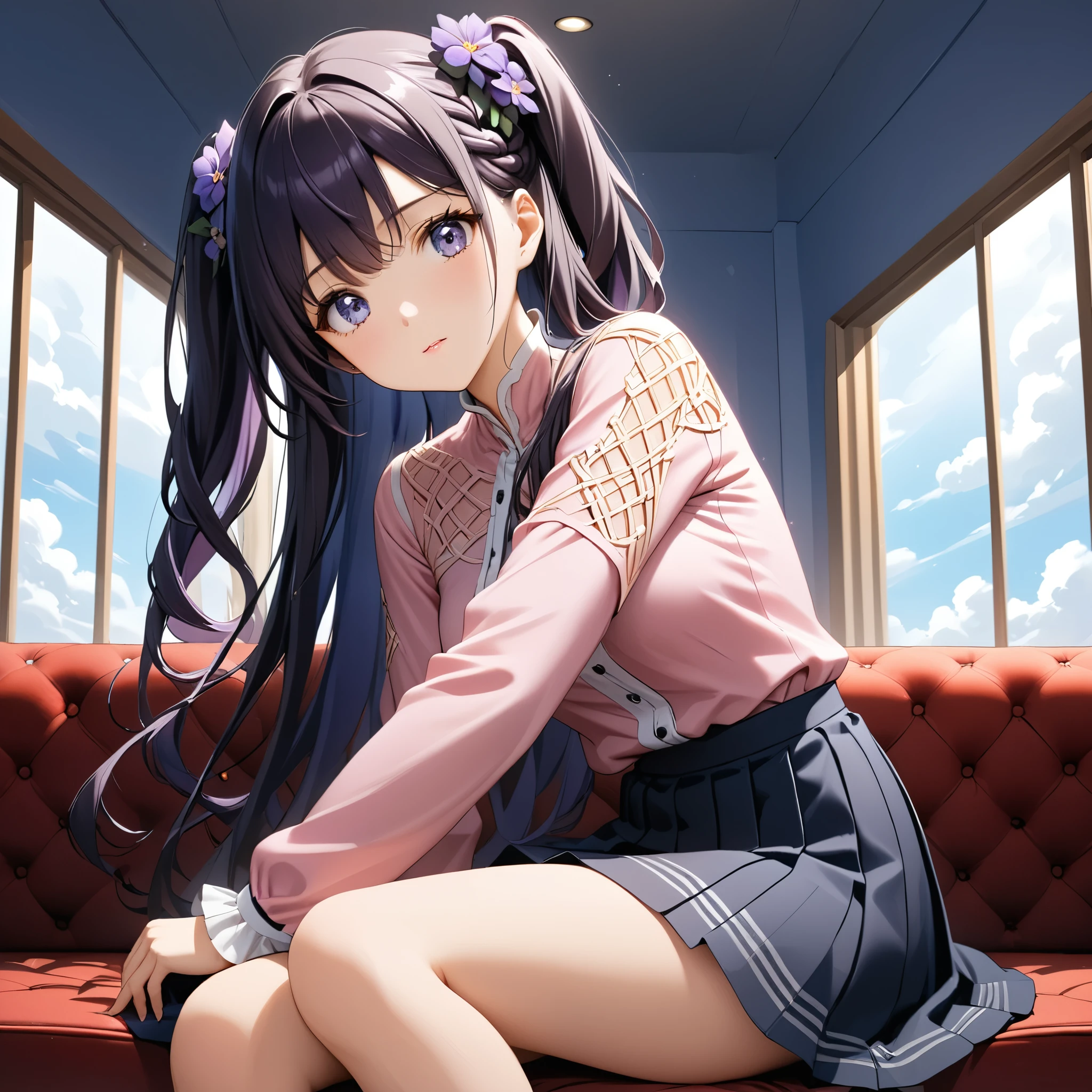 1girl, expressive eyes, perfect face, (bright purple hair, long hair), perfect anatomy, full body, looking at viewer, bright blue eyes, beautiful face, perfect face, perfect hands, perfect legs, super detailed clothing, intricate clothing, sitting on an elegant red sofa. She has dark hair, braided into two side pigtails, adorned with small purple bows. She wears a long-sleeved pink blouse with a woven design, draped over one shoulder, leaving the other bare. Her skirt is short and white, with pleats. The girl's expression is soft, with large purple eyes and a purple flower-shaped accessory on the right side of her hair. The scene is illuminated with natural light coming through a window in the background, showing a blue sky with some clouds.