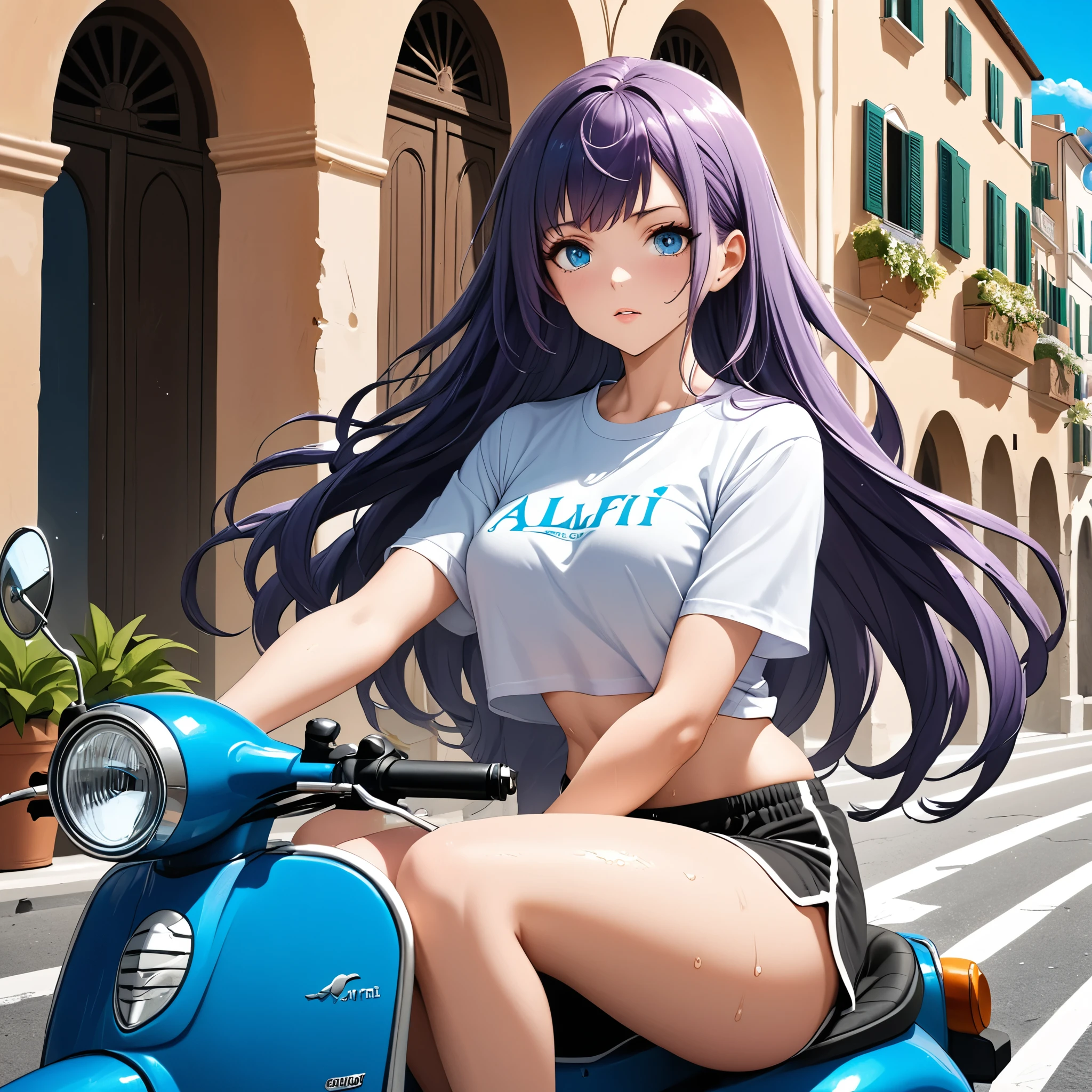 1girl, expressive eyes, perfect face, (bright purple hair, long hair), perfect anatomy, full body, looking at viewer, bright blue eyes, beautiful face, perfect face, perfect hands, perfect legs, super detailed clothing, intricate clothing, wearing crooped t-shirt and dolphin shorts, sweaty, sitting on the back of a moped , looking back at viewer, her arms wrapped around her girlfriend's waist, perfect face, bare midriff, driving through an Italian coastal town, Amalfi coast, BREAK Highly detailed Amalfi coast in background, vacation girl, hot female model, Italian holiday, sunshine, paradise,