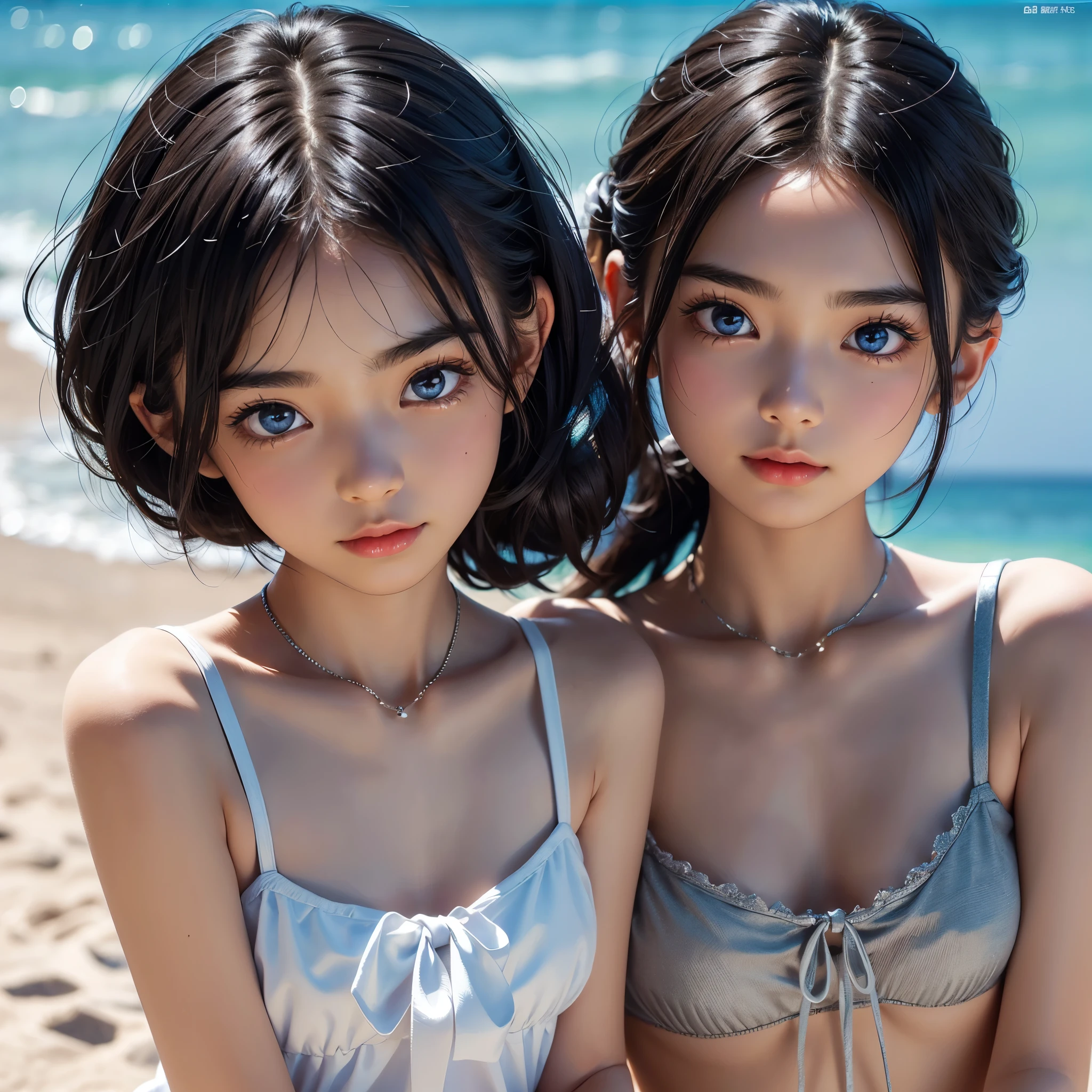 Two Girls，(2人のとてもcute:1.3)，masterpiece，Highest quality，High resolution，From below，Low - Angle，Photorealistic，RAW Photos，Ray Tracing，Physically Based Rendering，beautiful girl，(15 years old:1.3)，cute，Big eyes，(detailed pupils:1.2)，(The face is facing straight ahead:1.3)，Body facing forward，Beautiful nose，High nose，Upturned nose，Fuller lips，Short black hair，ponytail，short hair，Detailed eyelashes，Thin eyebrows，Very fine grain definition，(Symmetrical eyes，Golden Ratio:1.3)，(Face close-up，Face Focus:1.0)，Small breasts，Short neck，White swimsuit，White Bikini，Ocean，Southern Island，Blue sky，White cloud，Portrait，View Viewer，Upper Body，Cinema Lighting，High resolution，Very detailed