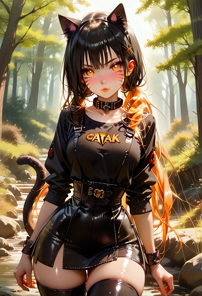 (score_9, score_8_up, score_7_up), absurdres, best quality, detailed, detailed body, masterpiece, 1girl, 1guy, perfect anatomy, (focus on the face), (extremely detailed face:1.4), (eye color light:1.1), (bright eyes), (orange eyes:1.3), (cat eyes), perfect face, thick eye lashes, beautiful face, (young teen:1.5), (playful), (teasing), (confident), (young catgirl:1.5), BREAK, (flowing hair), (black hair:1.3) (long hair), (lose strands of hair), (pig tails), (orange cat ears:1.4), vivid hair, BREAK, (short:1.2), (pale oiled skin:1.1), (thick thighs), (fat ass), (wide hips:1.3), (slender), (narrow waist:1.4), (narrow shoulders), (medium lifted breasts:1.2), (extremely shiny skin:1.5), (orange cat tail:1.4), BREAK, (in a medieval forest), (ninja daggers:1.4), (stealthy:1.1), BREAK, (revealing black assassin leathers:1.5), (sexy black assassin leather skirt:1.4), (black assassin leggings:1.3), BREAK, (perfect gothic makeup:1.2), (blushing), (playful expression:1.4), (thighs exposed:1.4), (black cat collar), rim light, Light Particles, volumetric lighting, vivid colors, OverallDetail, Expressive,