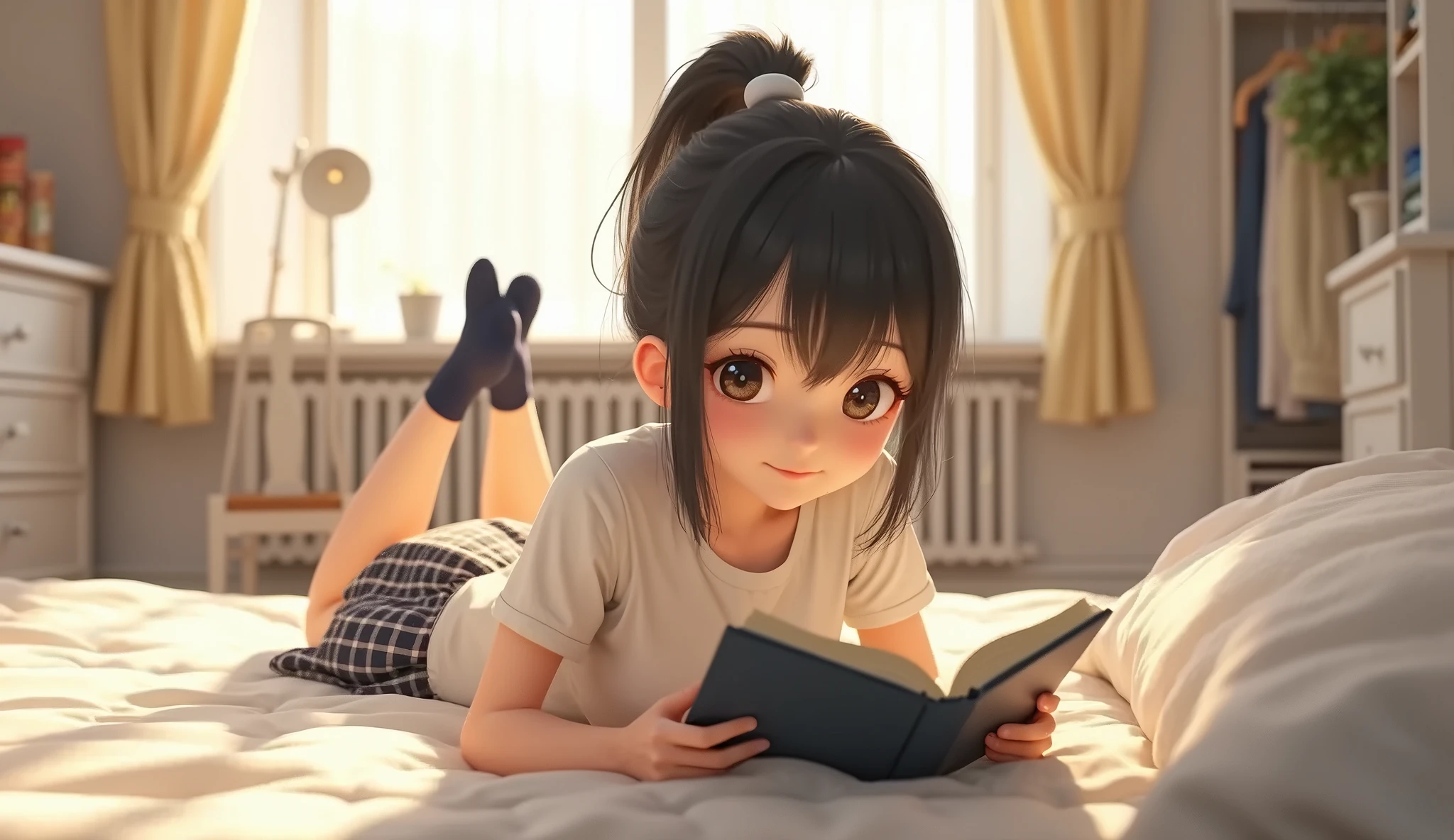 Anime girl laying on bed reading a book in a sunny room - SeaArt AI
