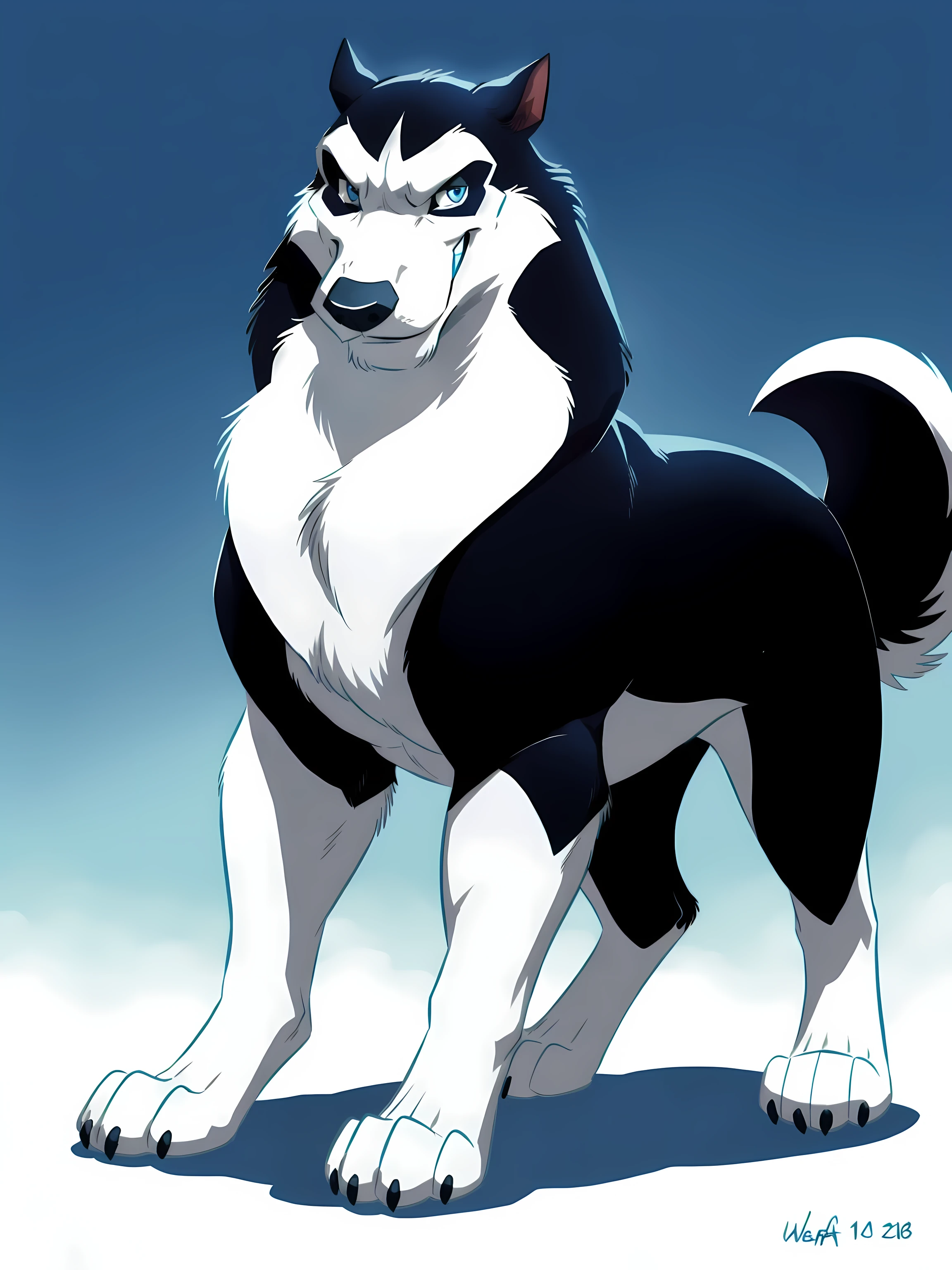 steele (balto), steele, alaskan malamute, solo, detailed, detailed face, detailed eyes, feral, black lineart, black outline, male, muscular body, ice blue eyes, cartoon shading, cel shaded:1.0, confident, proud, (stylized background, stylized snowflakes, blue background, gradient background, simple background):1.2, bare chest, by wfa, by negger, posing, correct anatomy, correct proportions, pectorals, full body:1.2, paws:1.1