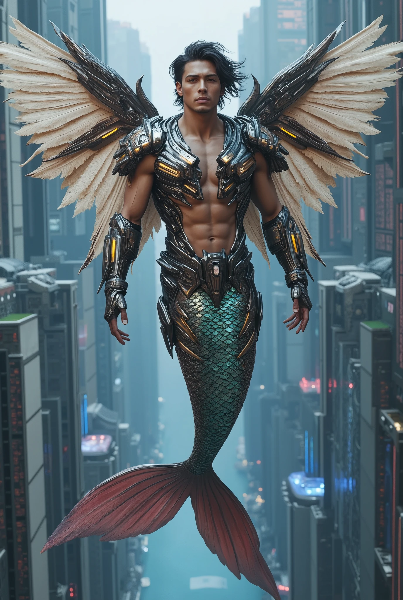 a male mermaid, Feather wings，Butterfly Wings，High-tech future armor，Cyberpunk，Future Cities，Flying in the sky，Dynamic poses，Cinematic Lenses，panoramic
