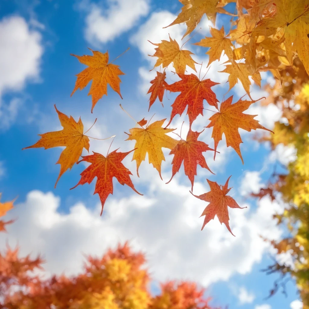 Wallpaper, standing autumn, maple leaves, trees, sky, white clouds, HD detail, wet watermark, hyperdetail, film, surrealism, soft light, deep field focus bokeh, ray tracing, diffusion (ultra-fine glass reflection) and surrealism. 