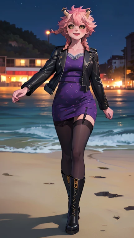 (Dark blonde hair)、Three matured japanese females、Ultra realistic 8K,tall,(Red cheek,Heavy makeup), :1.0、Tall、Large Earring、Standing in the port at midnight、Nikon Z 85mm, ((Best Quality)) ,((masterpiece)), slender hips,intricate detailes,Extremely delicate and beautiful, ((Open chest,Sleeveless highneck tops、Mini hotpants)):1.4、（Strapless Purple long boots with high stiletto heels）:1.2、Full body shot:1.0、Cool look