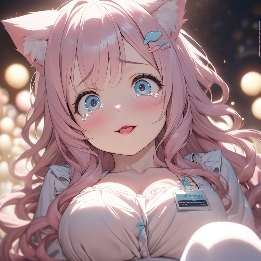 blue eyes,Big Eyes,Tears,(((((Droopy eyes))))),(((Narrow eyes))),cute,((Plump)), (Long Hair:1.3),(((pastel)) light-pink hair),(Wavy Hair:1.2),(Hair floating), Pale skin,(pink cheeks),((pink lips)),bangs, cat ears, dress\(short,((pastel)) ((pink)), (), Open Cleavage\),White apron, Large Breasts, Blurred foreground, , Bokeh,Depth of written boundary, smile, Open your mouth, Tall, Cheerful attitude,((cute hairpins)),((pink lips)),White garter thigh high socks,((ID card around the neck))\), ((pastel colors)), break ,background\(Dreamland, ((pastel colors)),Many lights\), break ,quality\(8k,非常に精細なCGユニットのwallpaper, masterpiece,High resolution,top-quality,top-quality real texture skin,Surreal,Increase the resolution,RAW Photos,最高quality,Very detailed,wallpaper,Cinematic Lighting,Ray-tracing,Golden Ratio,\),From below,[nsfw:2.0]