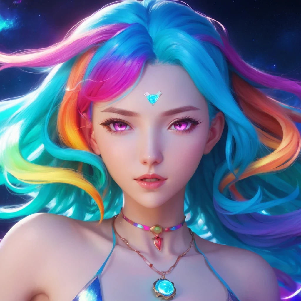 Close-up of a woman with colorful hair and necklace, anime girl with cosmic hair, Rossdraws' soft vitality, Guvez style artwork, fantasy art style, colorful], vibrant fantasy style, Rossdraws cartoon full of vitality, cosmic and colorful, Guweiz, colorful digital fantasy art, stunning art style, beautiful anime style, full body lighting, skin brightening, sexy expression