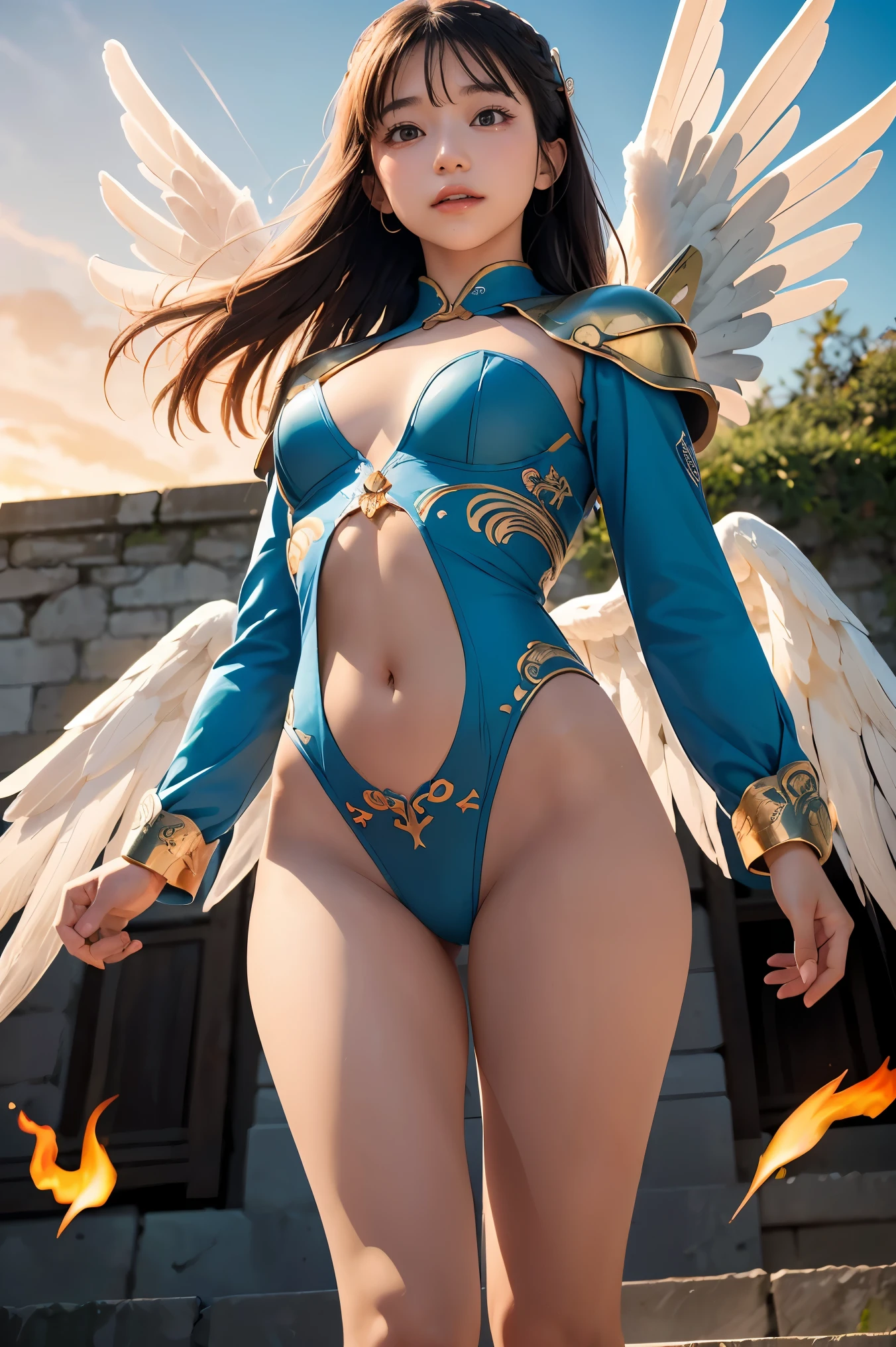 (masterpiece, highest quality, Realistic photos), ((Angel floating in the air;1.4)), A very cute Japanese woman, A complex copper and brass mechanical armor with a Hawk and eagle motif., Beautiful big angel wings, (The wings are symmetrically paired;1.5), ((Carrying an aura of bright blue flame)), White tone, A little bit of blue and red and yellow accents, Angel falling from the sky, floating in the sky, Extremely intricate details, Posing on the medieval castle walls at sunset, Long Shot, narrow body, hourglass body, medium breasts, thin waist, flat belly, Thin and beautiful thighs, beautiful legs,