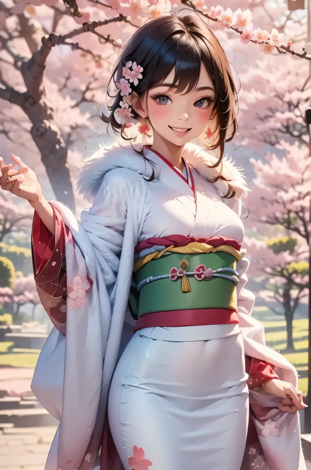 masterpiece, Best Quality, Very detailed, 1girl, face: sweet girl, medium breasts, color furisode, fur long stole. spread arms. smile. Cherry blossom background. Looking up at the cherry blossoms.