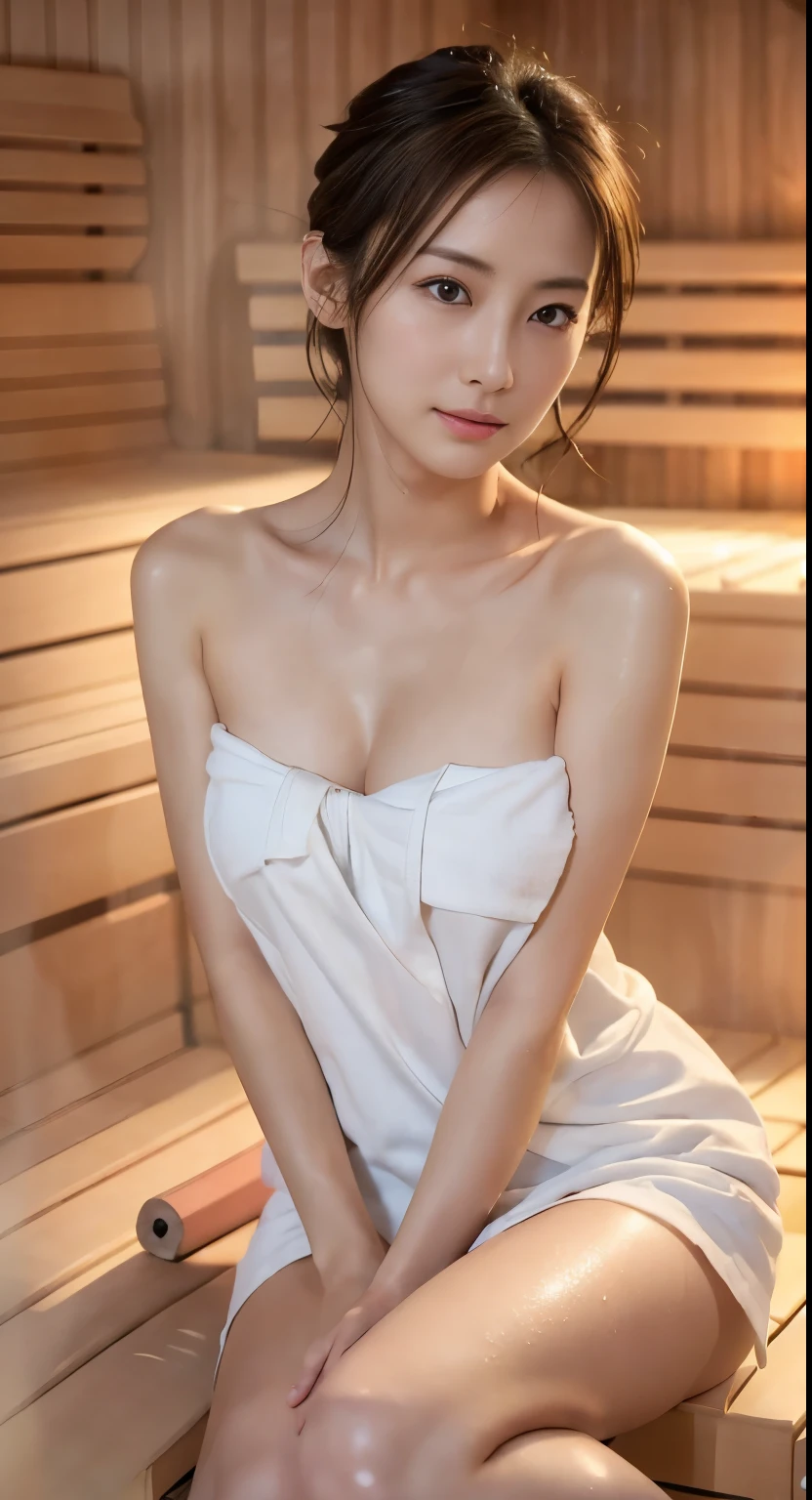 Photorealisticistic beautiful female student、1、Stunningly beautiful、Keiko Kitagawa、An otherworldly beautiful face、Very high quality clarity、Stunningly beautiful体、(Please redeem、8k、32K、masterpiece、NFFSW:1.3)、Ultra-high resolution,(Photorealistic:1.4),RAW Photos, Detailed face,,Beautiful Hair, ((Doctor Style)), ,Very short hair 、Sweaty body、Very short hair、Plump breasts、Stunningly beautiful二重まぶた、Beautiful 、 Natural Makeup,, Small, perfect , Wet Hair、Detailed Background, Perfect lighting, Written boundary depth, Beautiful shadow gradation、Thin limbs、Thin thighs、((whole body))、((nude))、The white towel comes off, revealing her breasts.、Wet body、((Sit in a sauna chair))、Beautiful slim perfect body、Beautiful tall nose、Thinly trimmed pubic hair、