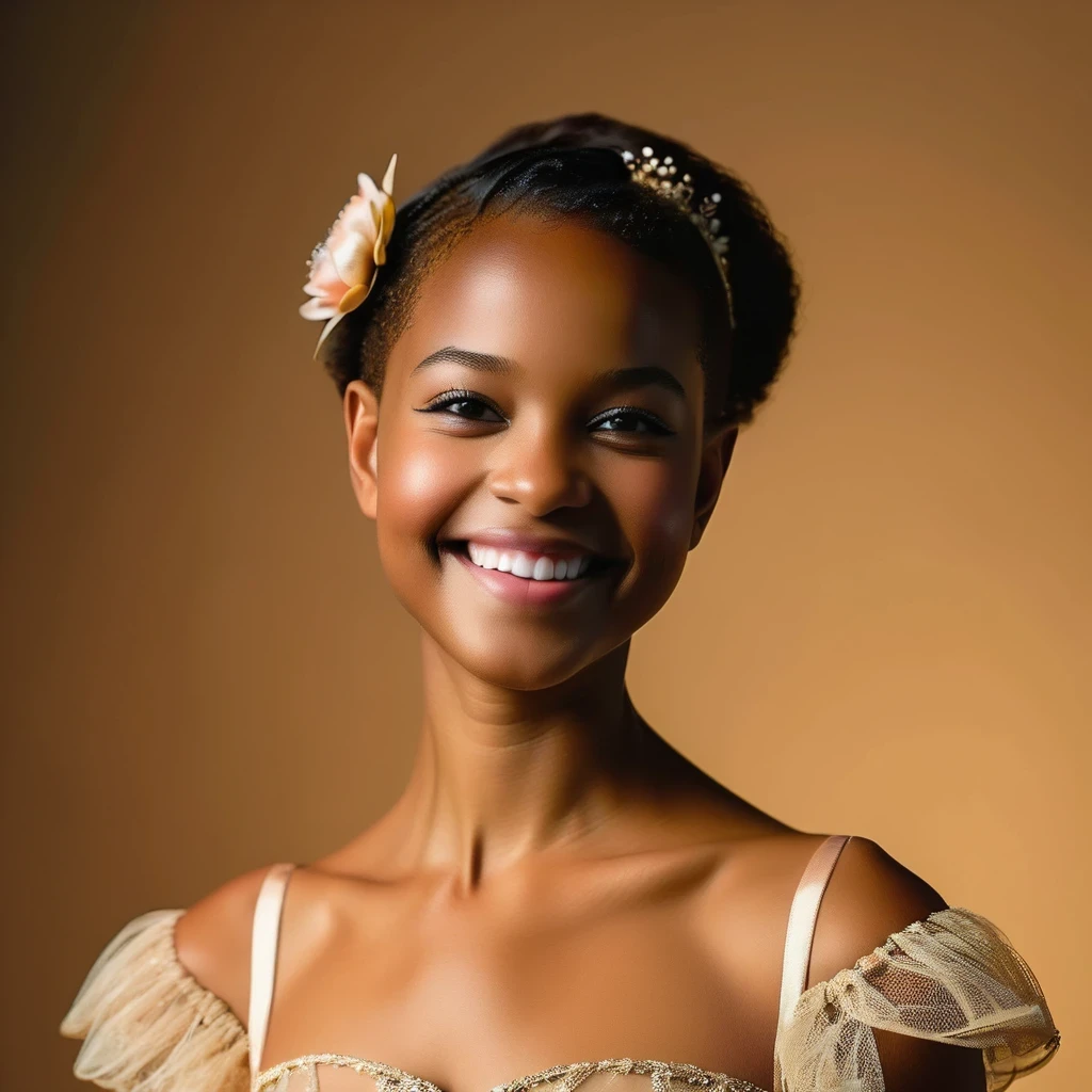 Fashion model photography, ballet dress, strong sense of design, medium shot, South African girl, short hair, hair accessories, delicate skin, smile, simple background, high texture, glare backlight, professional studio lighting